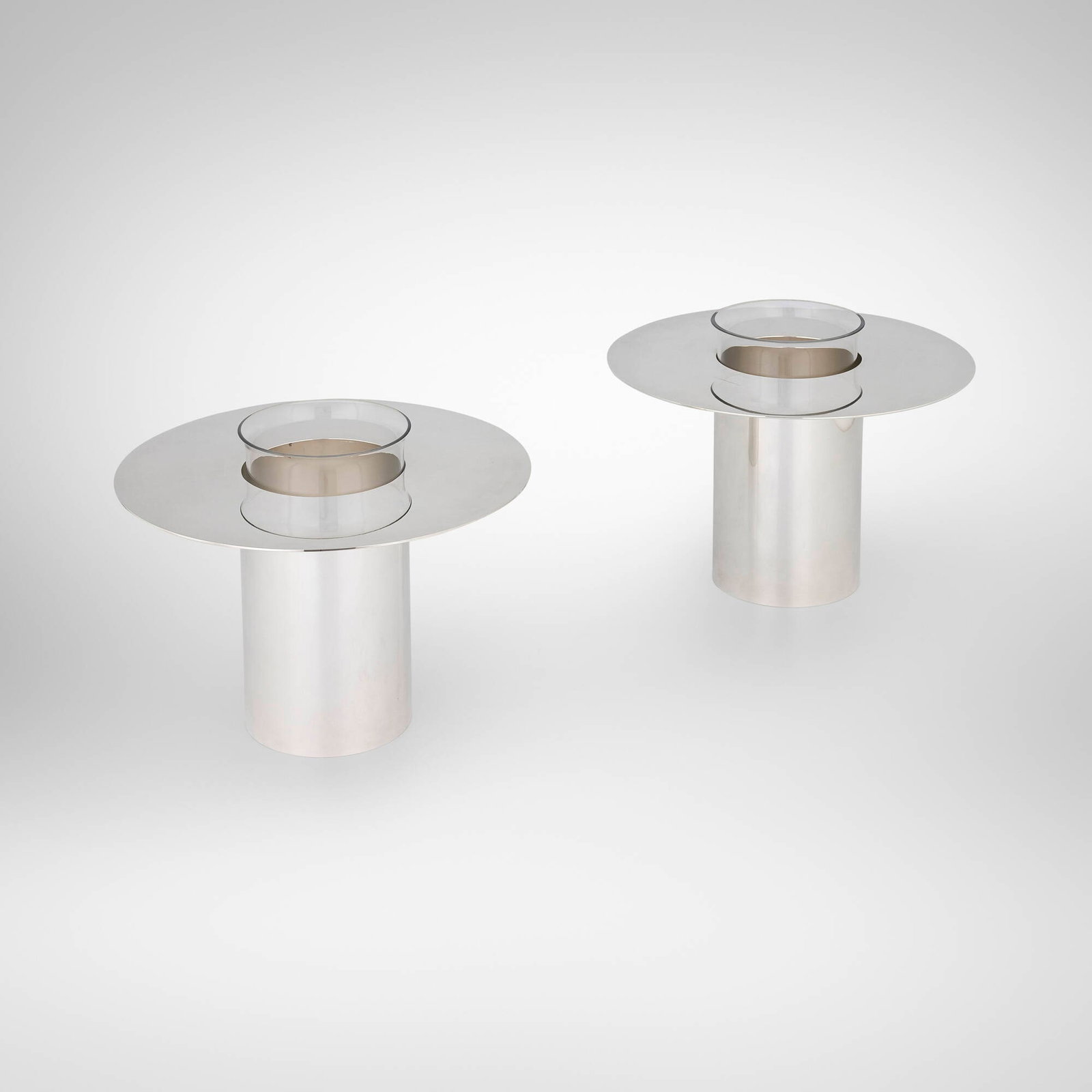 Martin Szekely, Radius vases, pair: Martin Szekely Radius vases, pair Christofle France, 2006 silver-plated metal, glass 9 h x 12 dia in (23 x 30 cm) Impressed manufacturer's mark to underside of each 'Christofle M. Szekely'.