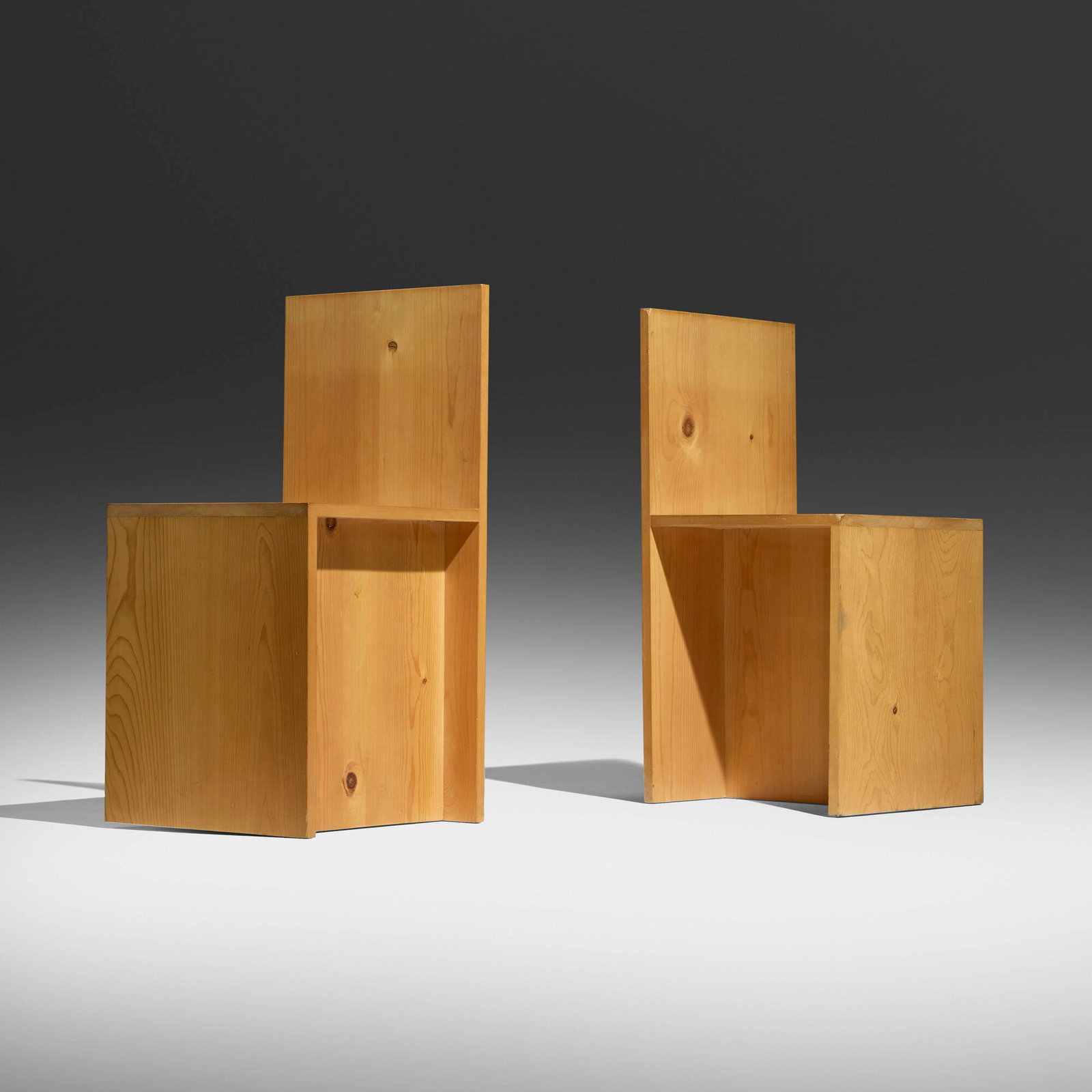 Donald Judd, Side Recessed Chairs 84-4, pair: Donald Judd Side Recessed Chairs 84-4, pair Wood & Plywood Furniture USA, 1983 / 2001 pine 30 h x 14.75 w x 15 d in (76 x 37 x 38 cm) Impressed signature, date, and number to underside of each