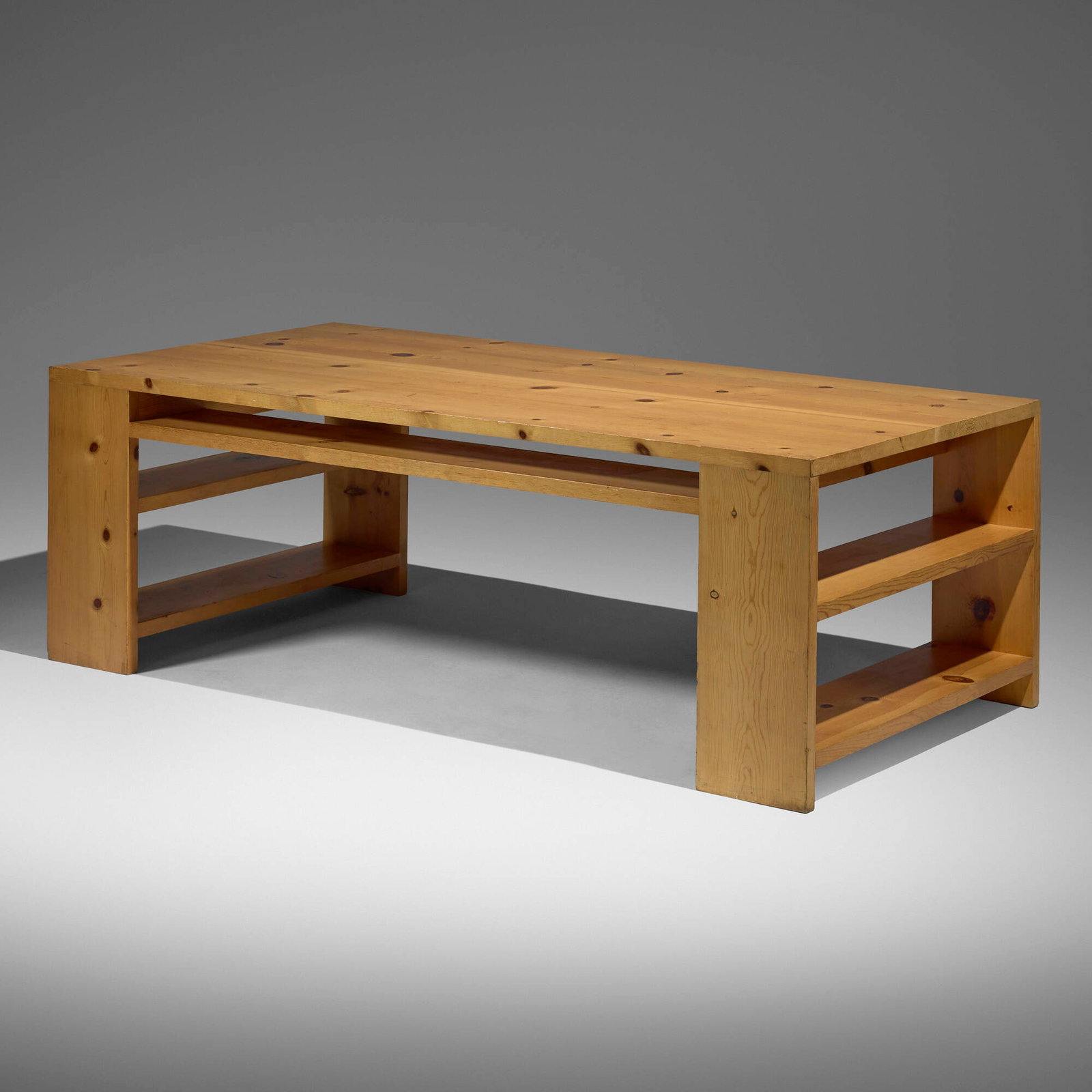 Donald Judd, Library Desk 27: Donald Judd Library Desk 27 Wood & Plywood Furniture USA, 1982 / 1998 pine 30 h x 88 w x 43.75 d in (76 x 224 x 111 cm) Desk features two shelves on each end. Impressed signature, date, and number