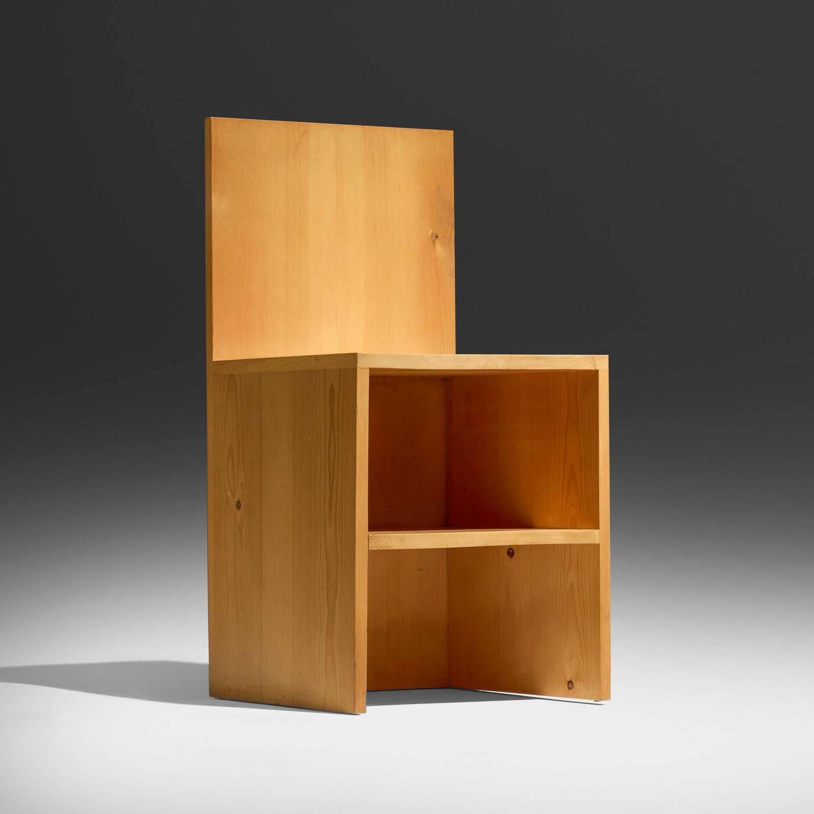 Donald Judd, Front Shelf Chair 84-6: Donald Judd Front Shelf Chair 84-6 Wood & Plywood FurnitureUSA, 1978 / 2001pine 30 h x 14.75 w x 15 d in (76 x 37 x 38 cm) Impressed signature, date, and number to underside 'Judd 2
