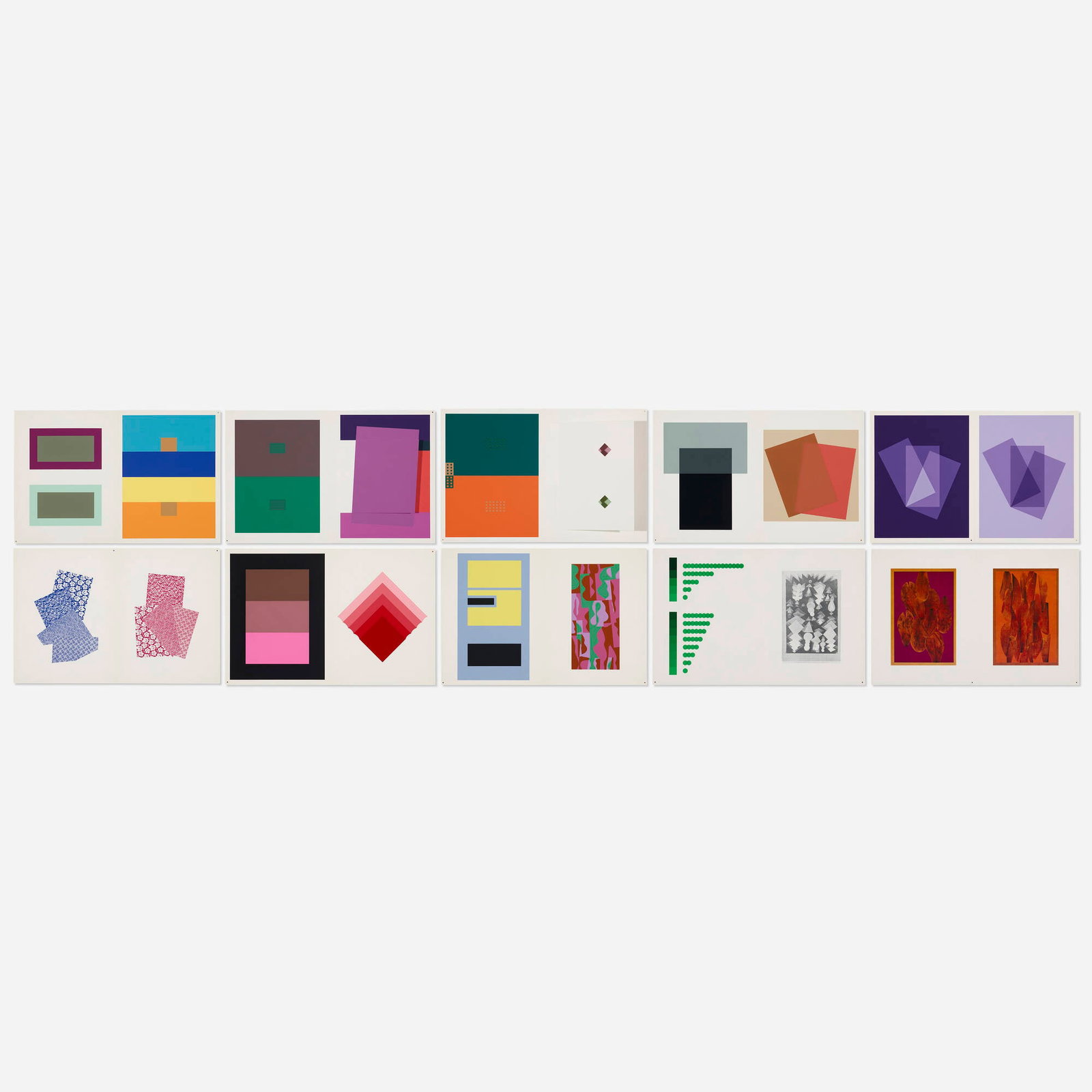 Josef Albers, Interaction of Color: Josef Albers Interaction of Color 1963 / 1973 screenprint in colors; offset lithograph sheet: 13 h x 10 w in (33 x 25 cm) portfolio : 5.625 h x 11.125 w x 14.625 d in (14 x 28 x 37 cm) Lot is