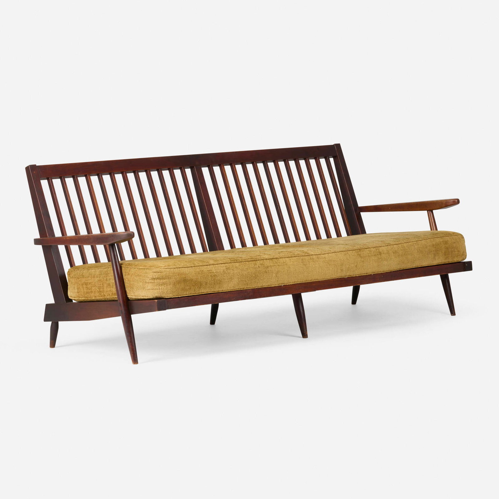 George Nakashima, Settee with arms: George Nakashima Settee with arms Nakashima Studio USA, 1965 American black walnut, upholstered cushions 32.25 h x 77.75 w x 35 d in (82 x 197 x 89 cm) Sold with a digital copy of the original