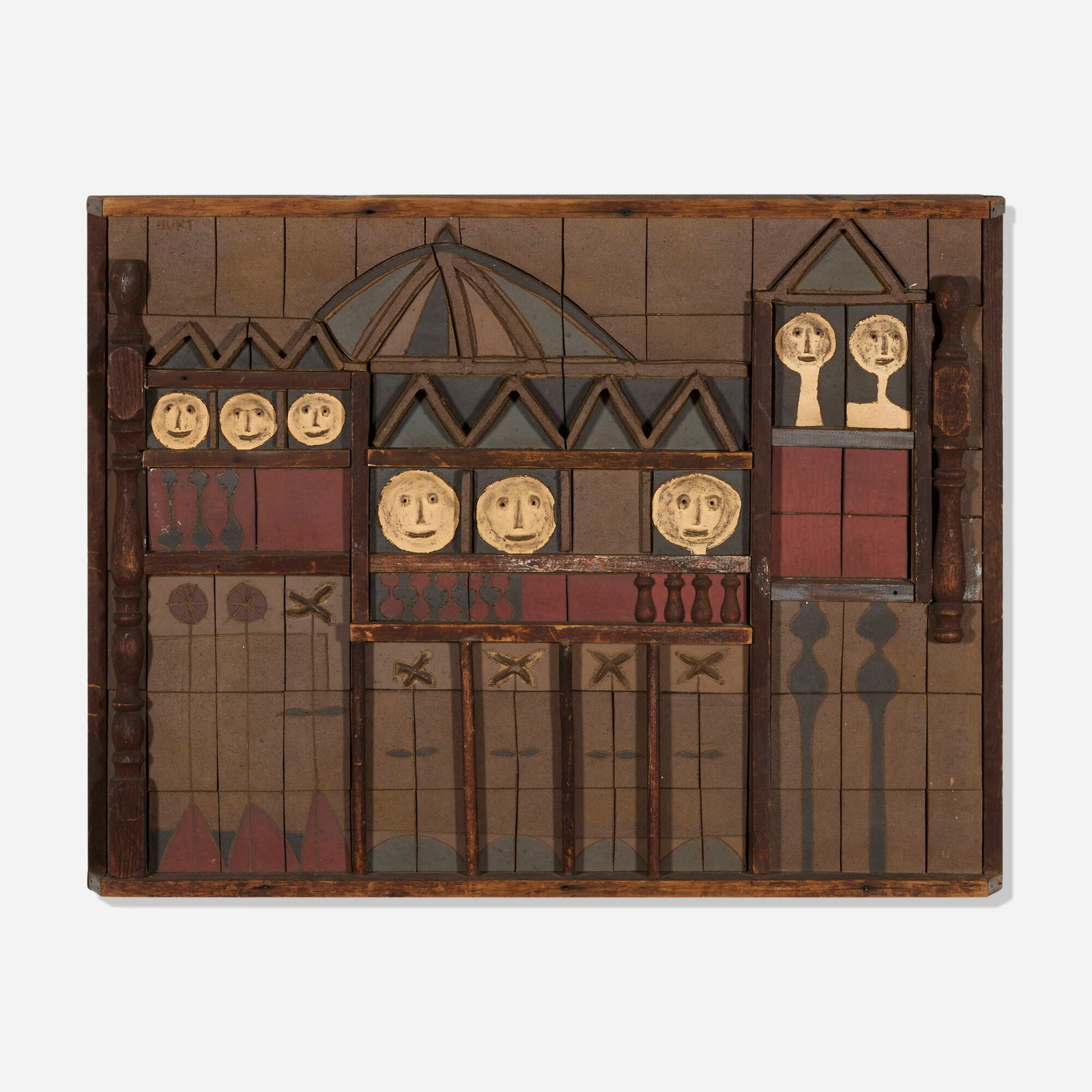 Clyde Burt, Untitled (wall relief): Clyde Burt Untitled (wall relief) c. 1965 glazed and assembled stoneware, reclaimed wood 33 h x 43 w x 3 d in (84 x 109 x 8 cm) Incised signature to upper left 'C Burt'. This work will ship from