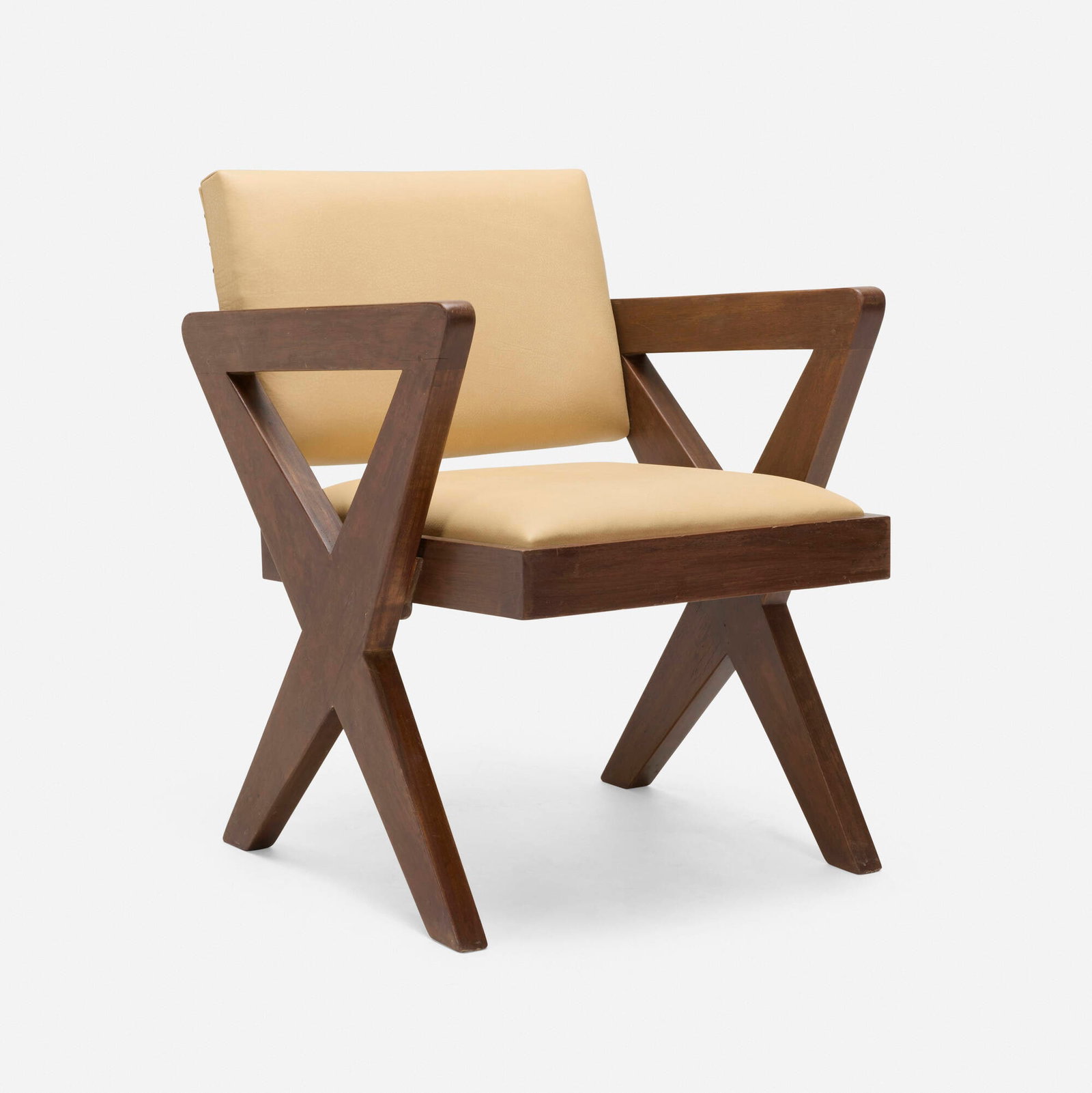 Pierre Jeanneret, Showroom armchair from the Tagore Theater, Chandigarh: Pierre Jeanneret Showroom armchair from the Tagore Theater, Chandigarh France/India, c. 1961teak, upholstery, brass 27.5 h x 22 w x 22 d in (70 x 56 x 56 cm) Provenance: Tagor