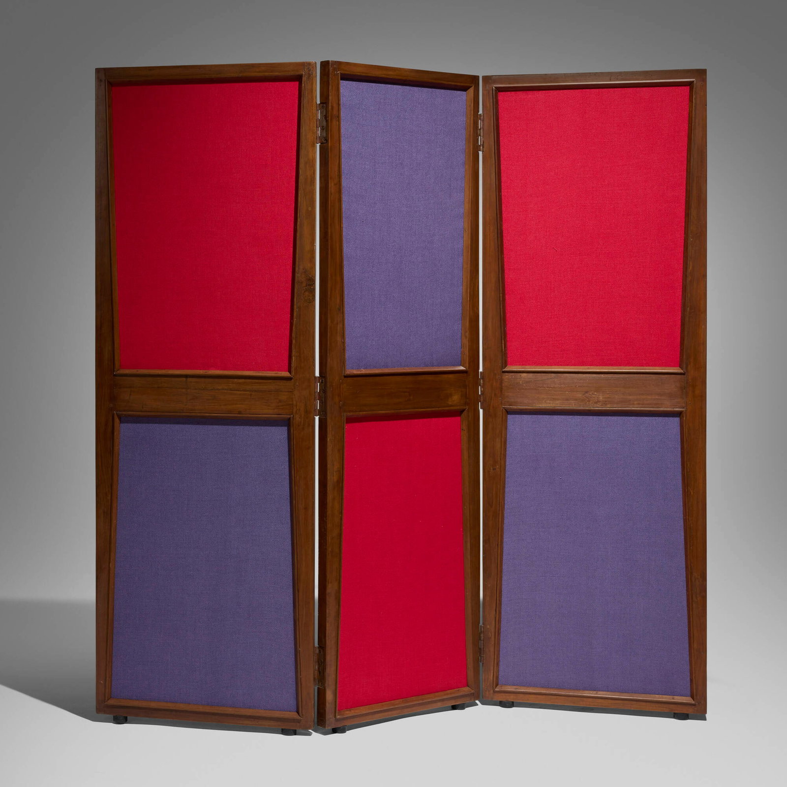 Pierre Jeanneret, Folding screen from the Administrative Buildings, Chandigarh: Pierre Jeanneret Folding screen from the Administrative Buildings, Chandigarh France/India, c. 1957 teak, linen, rubber, brass folded: 66.125 h x 22.5 w x 6 d in (168 x 57 x 15 cm) 66.125 h x 66.5