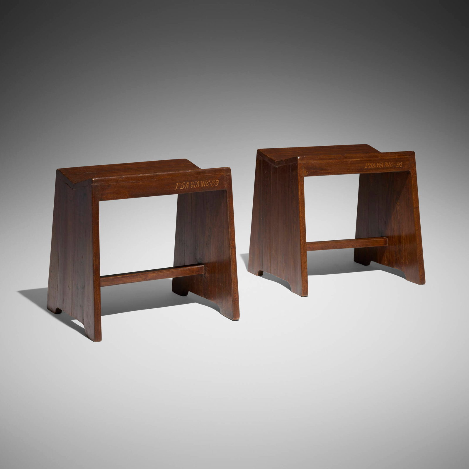 Pierre Jeanneret, Sewing stools from Chandigarh, pair: Pierre Jeanneret Sewing stools from Chandigarh, pair France/India, c. 1955-56teak 18 h x 16 w x 15.375 d in (46 x 41 x 39 cm) Stenciled marks to each stool. Provenance: