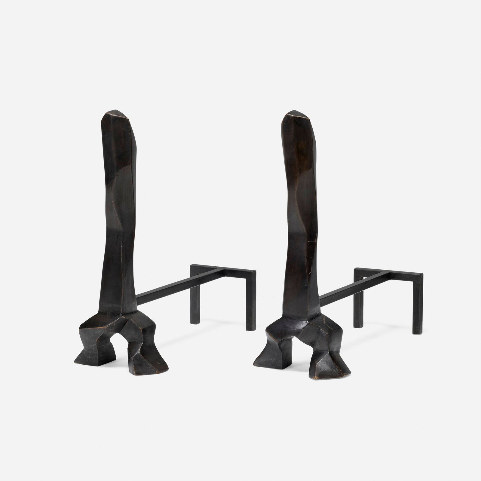 Elizabeth Garouste and Mattia Bonetti, Petra firedogs, pair: Elizabeth Garouste and Mattia Bonetti Petra firedogs, pair David Gill Editions France, 1999 patinated bronze, steel 23 h x 9 w x 22 d in (58 x 23 x 56 cm) Impressed studio and manufacturer's