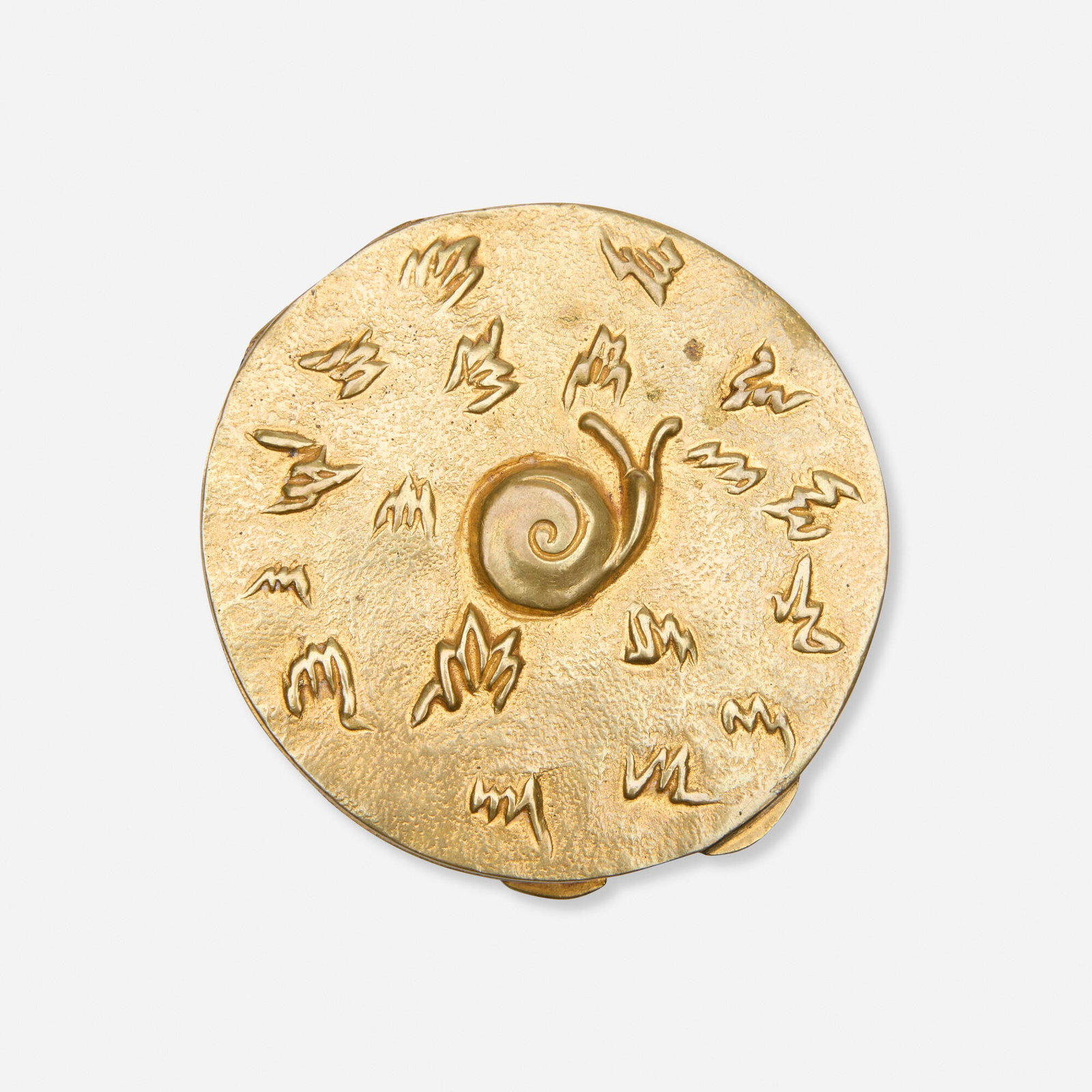 Line Vautrin, Compact: Line Vautrin Compact France gilt bronze 0.5 h x 3 dia in (1 x 8 cm) Impressed signature to underside 'Line Vautrin'. Sold with a forthcoming certificate of authenticity from the Association Lin