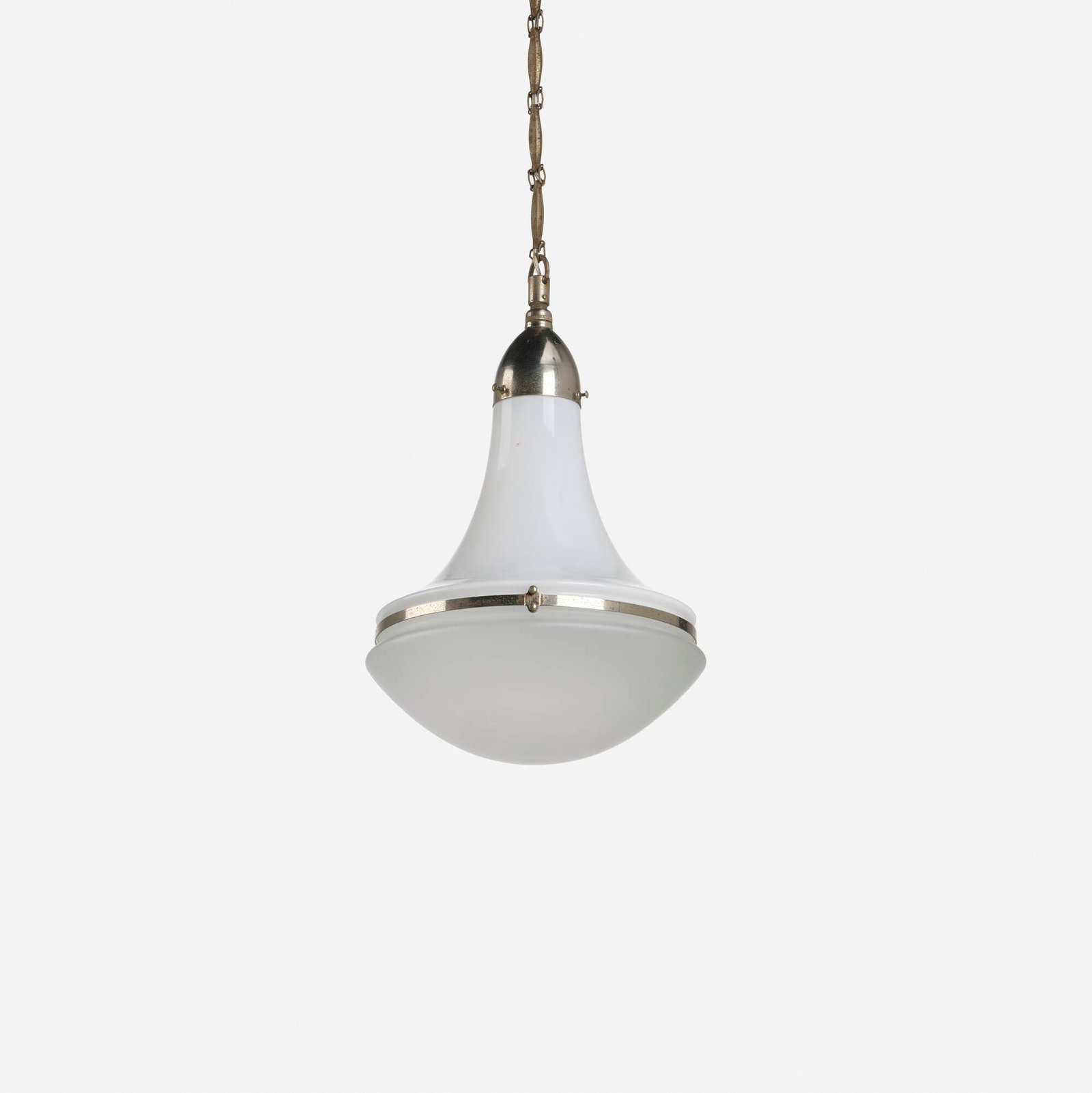 Peter Behrens, Luzette pendant lamp: Peter Behrens Luzette pendant lamp Germany, c. 1910 chrome-plated steel, milk glass 45 h x 11.75 dia in (114 x 30 cm) Provenance: Private Collection This work will ship from Lambertville, New