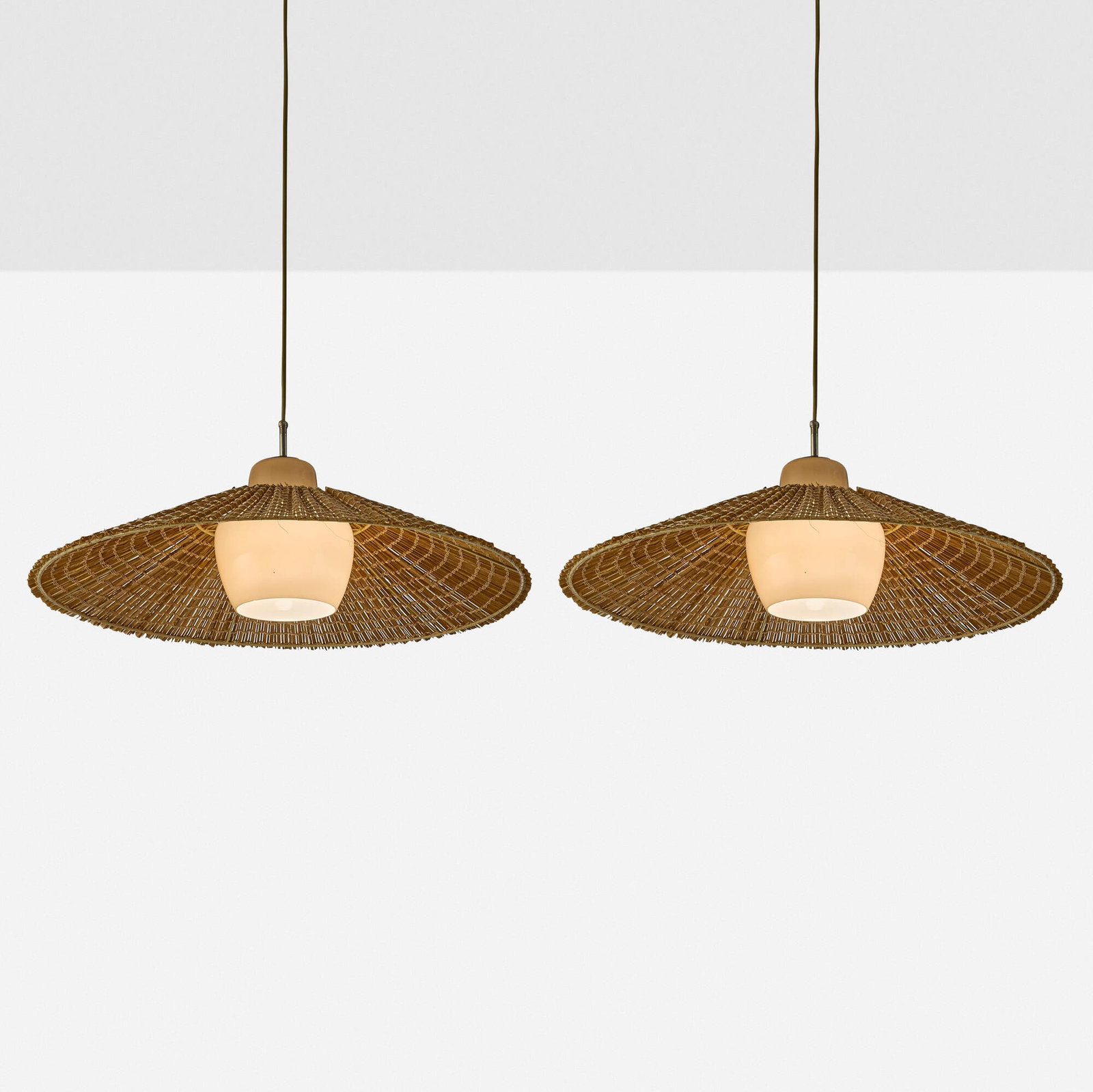 Gunilla Jung, Pendant lamps, pair: Gunilla Jung Pendant lamps, pair Orno Finland, c. 1940 glass, wood veneer shade, aluminum 7.25 h x 24.5 dia in (18 x 62 cm) Impressed manufacturer's mark to each socket 'Orno '. Provenance:
