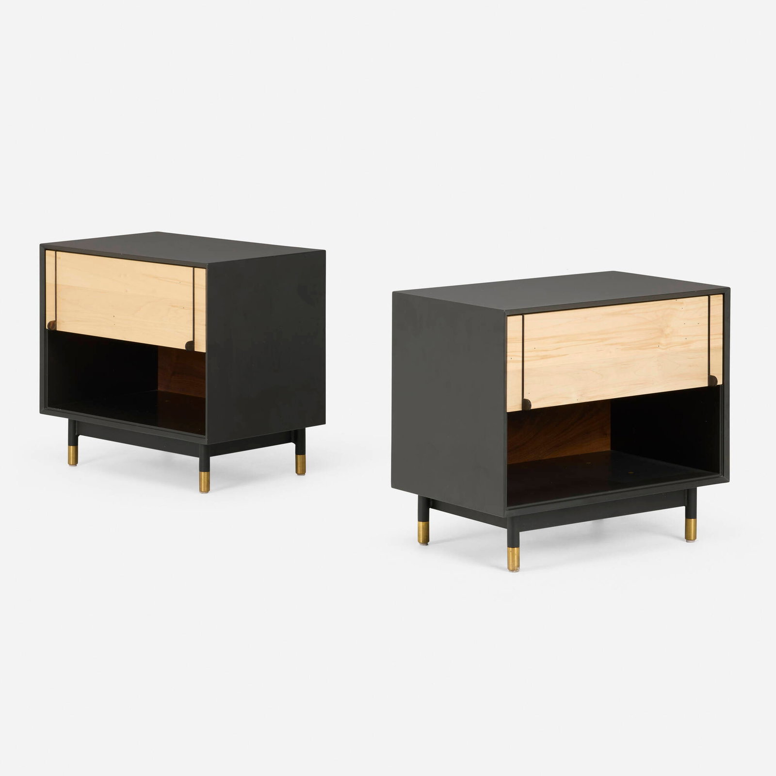 Tyler Hays, Lake Side Tables, pair: Tyler Hays Lake Side Tables, pair BDDW USA, 2017 maple, walnut, lacquered wood, brass 22.25 h x 24.5 w x 15.75 d in (57 x 62 x 40 cm) Tables each feature one drawer. Impressed manufacturer's