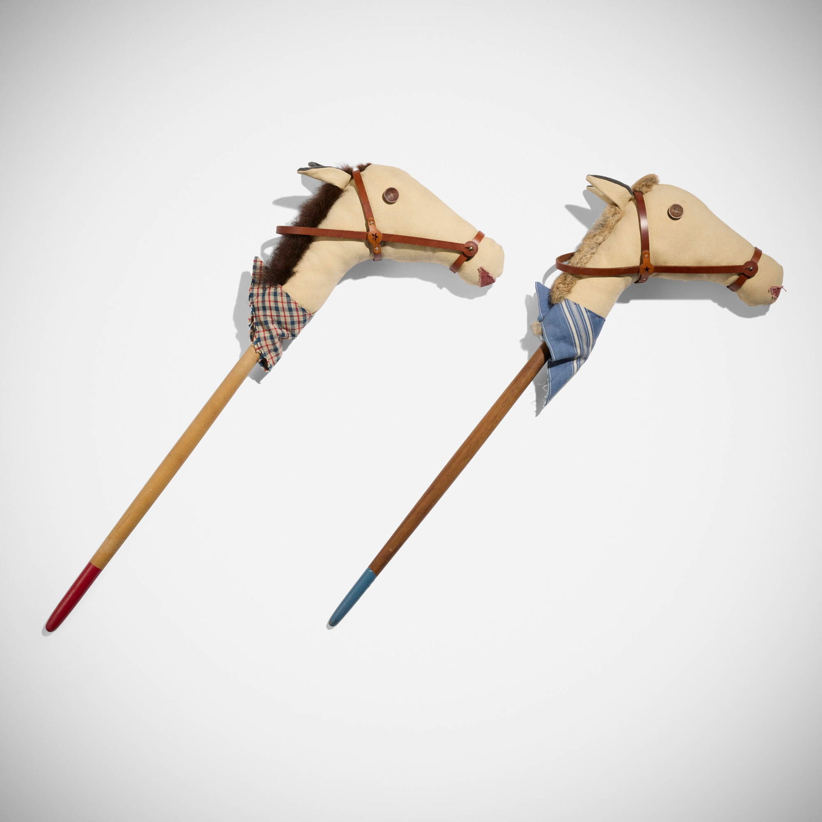 Tyler Hays, Hobby Horses, set of two: Tyler Hays Hobby Horses, set of two BDDW USA, c. 2020 canvas, fur, leather, maple, teak, paint 38 h x 15.5 w x 3.5 d in (97 x 39 x 9 cm) 37 h x 15 w x 3.5 d in (94 x 38 x 9 cm) Painted inscription