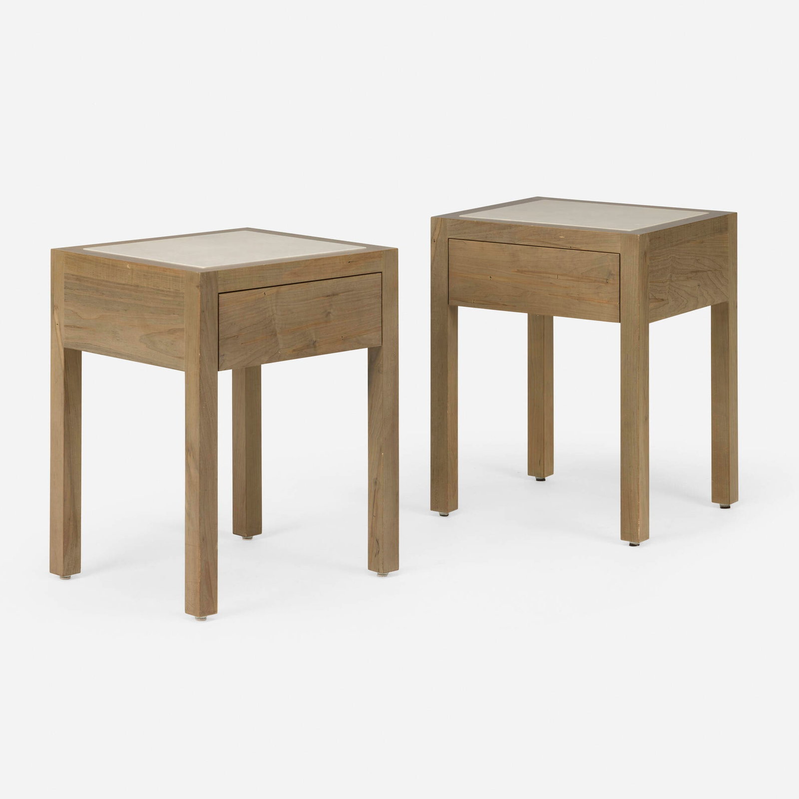 Tyler Hays, Mason occasional tables, pair: Tyler Hays Mason occasional tables, pair BDDW USA, c. 2020 oxidized maple, leather 26.5 h x 20 w x 18 d in (67 x 51 x 46 cm) This work will ship from Lambertville, New Jersey.