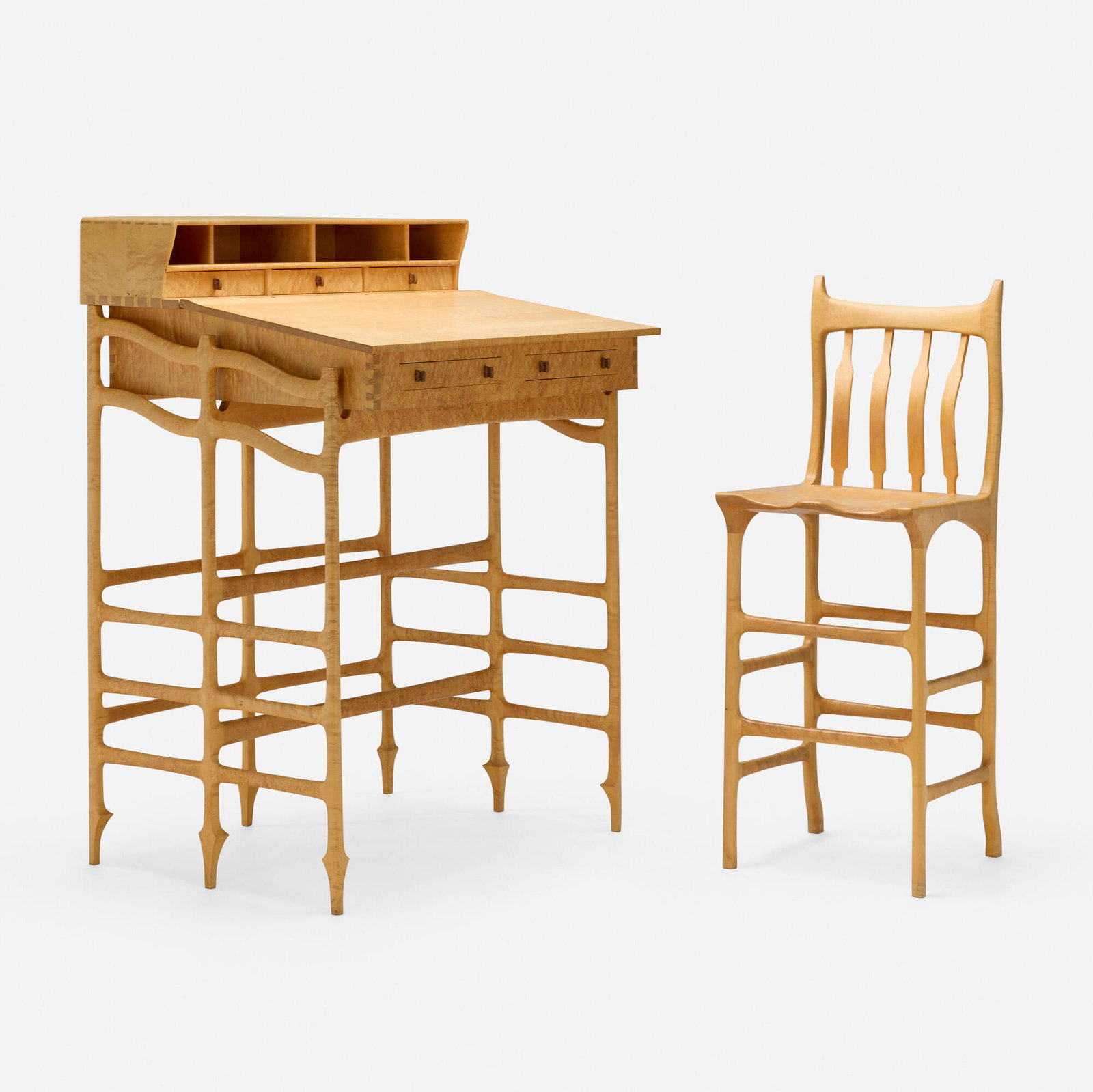 John Wesley Williams, Desk and chair: John Wesley Williams Desk and chair USA, c. 1980 bird's-eye maple, wenge desk: 51.25 h x 36 w x 31 d in (130 x 91 x 79 cm) chair: 46.5 h x 16.5 w x 19 d in (118 x 42 x 48 cm) Desk features eight