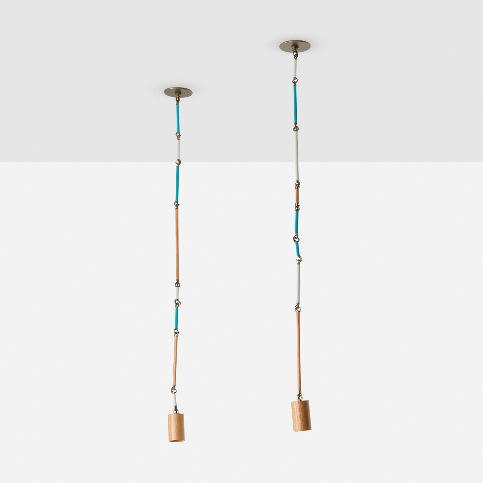 Lindsey Adelman, Custom Wood Chuck pendant lamps, set of two: Lindsey Adelman Custom Wood Chuck pendant lamps, set of two Lindsey Adelman Studio USA, 2012 teak, teak veneer, bronze, enameled bronze 59 h x 2.75 dia in (150 x 7 cm) This work will ship from