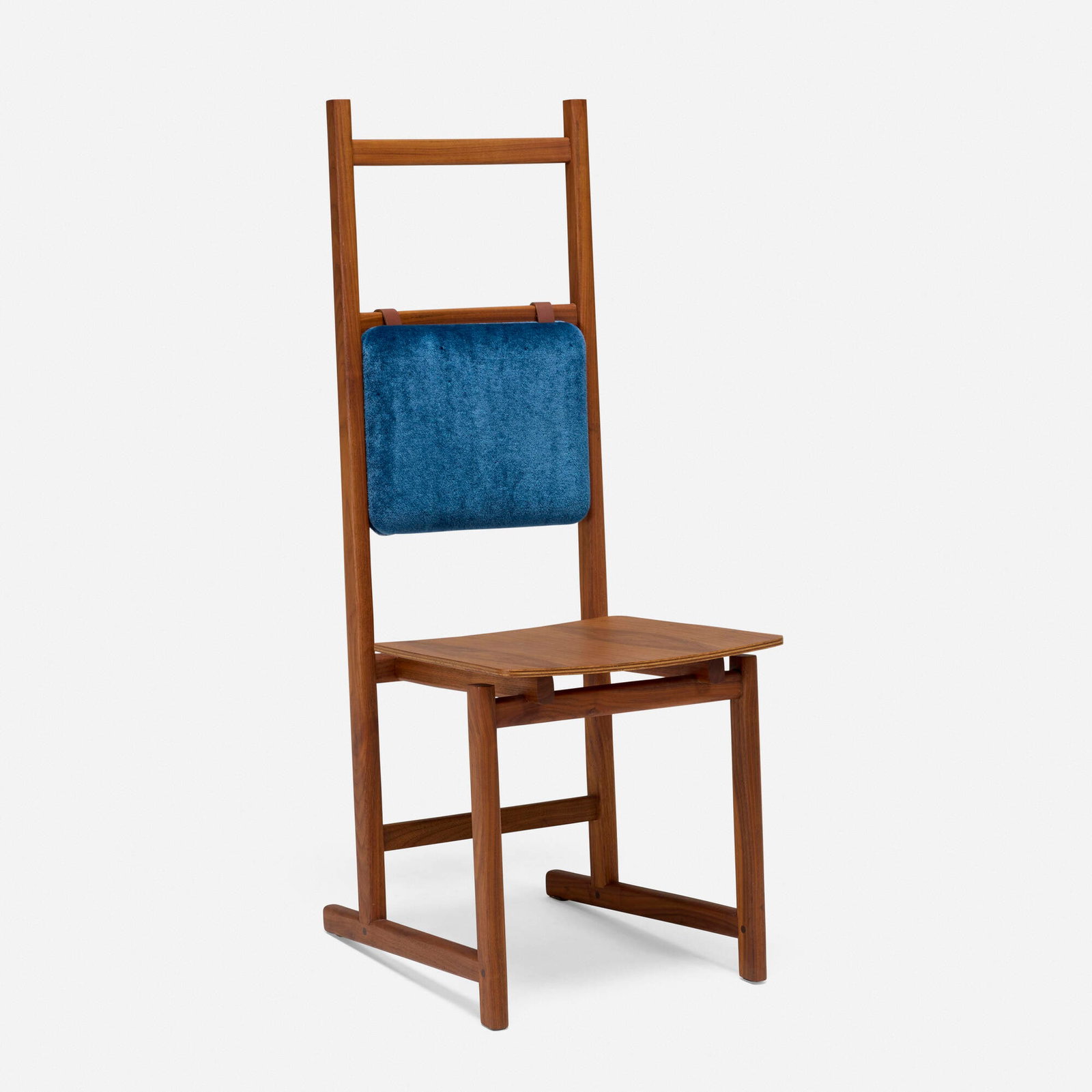 Neri & Hu, Shaker dining chair, model 763: Neri & Hu Shaker dining chair, model 763 De La Espada China / Portugal, 2015 walnut, mohair upholstery, leather 44.5 h x 17 w x 20.5 d in (113 x 43 x 52 cm) Impressed number to the underside