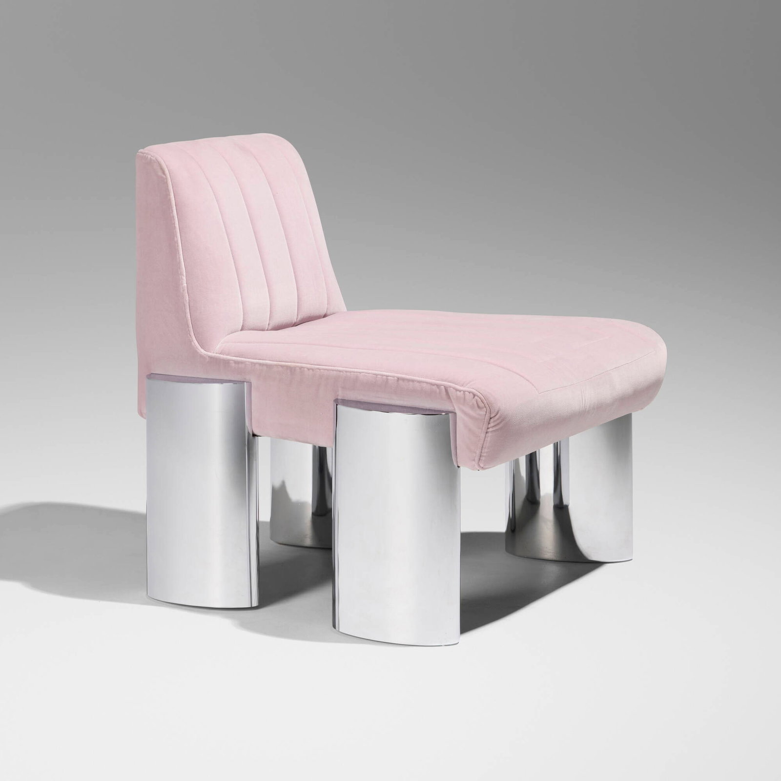 Mark Grattan, Lounge chair: Mark Grattan Lounge chair USA, 2021velvet upholstery, chrome-plated steel 25.75 h x 28.5 w x 25.5 d in (65 x 72 x 65 cm) Provenance: Cristina Grajales Gallery, New York | Priv