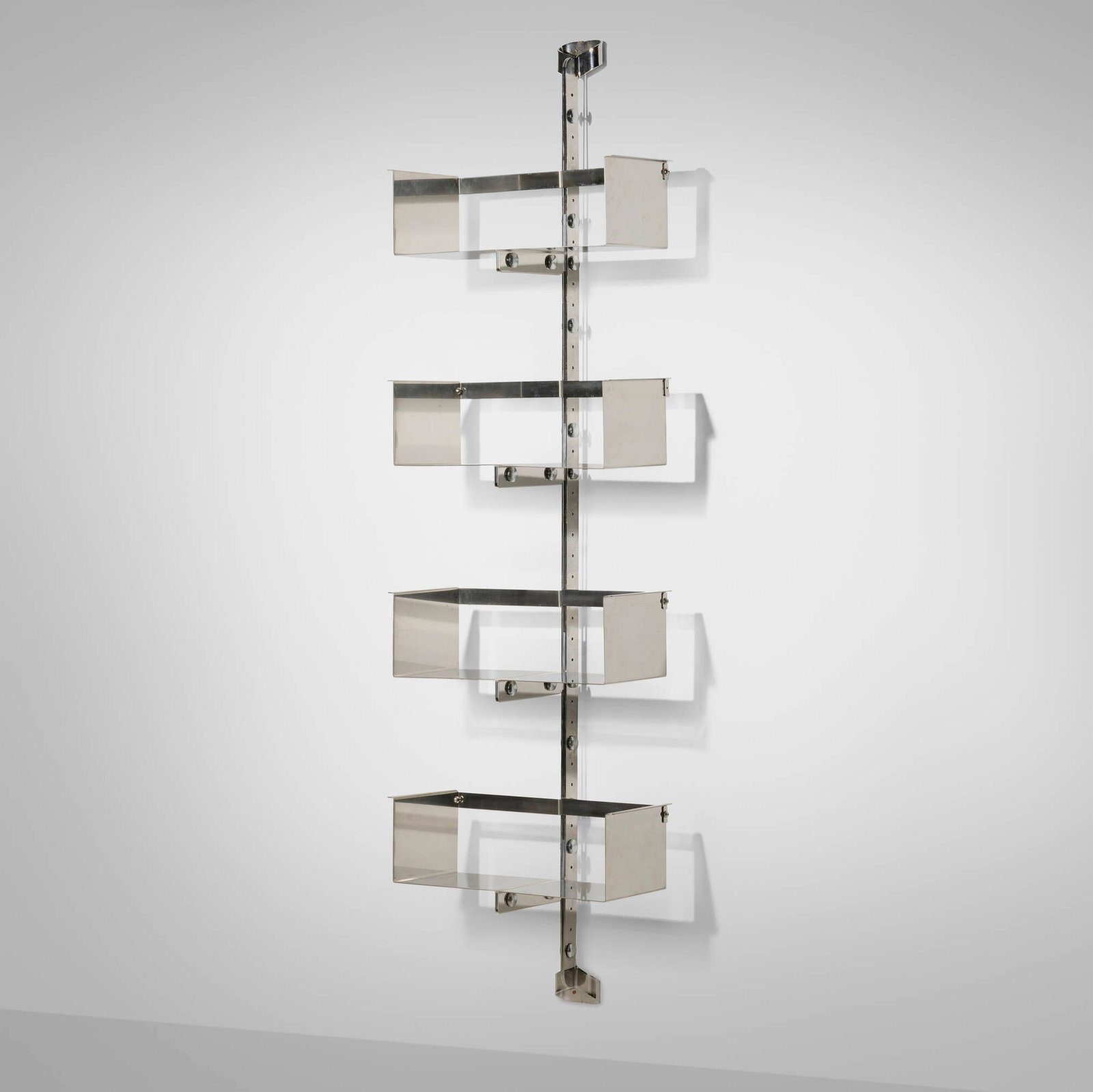 Vittorio Introini, P700 shelving unit from the Proposal series: Vittorio Introini P700 shelving unit from the Proposal series SaporitiItaly, c. 1969chrome-plated steel, stainless steel 91 h x 25.5 w x 14 d in (231 x 65 x 36 cm) Unit features four adj