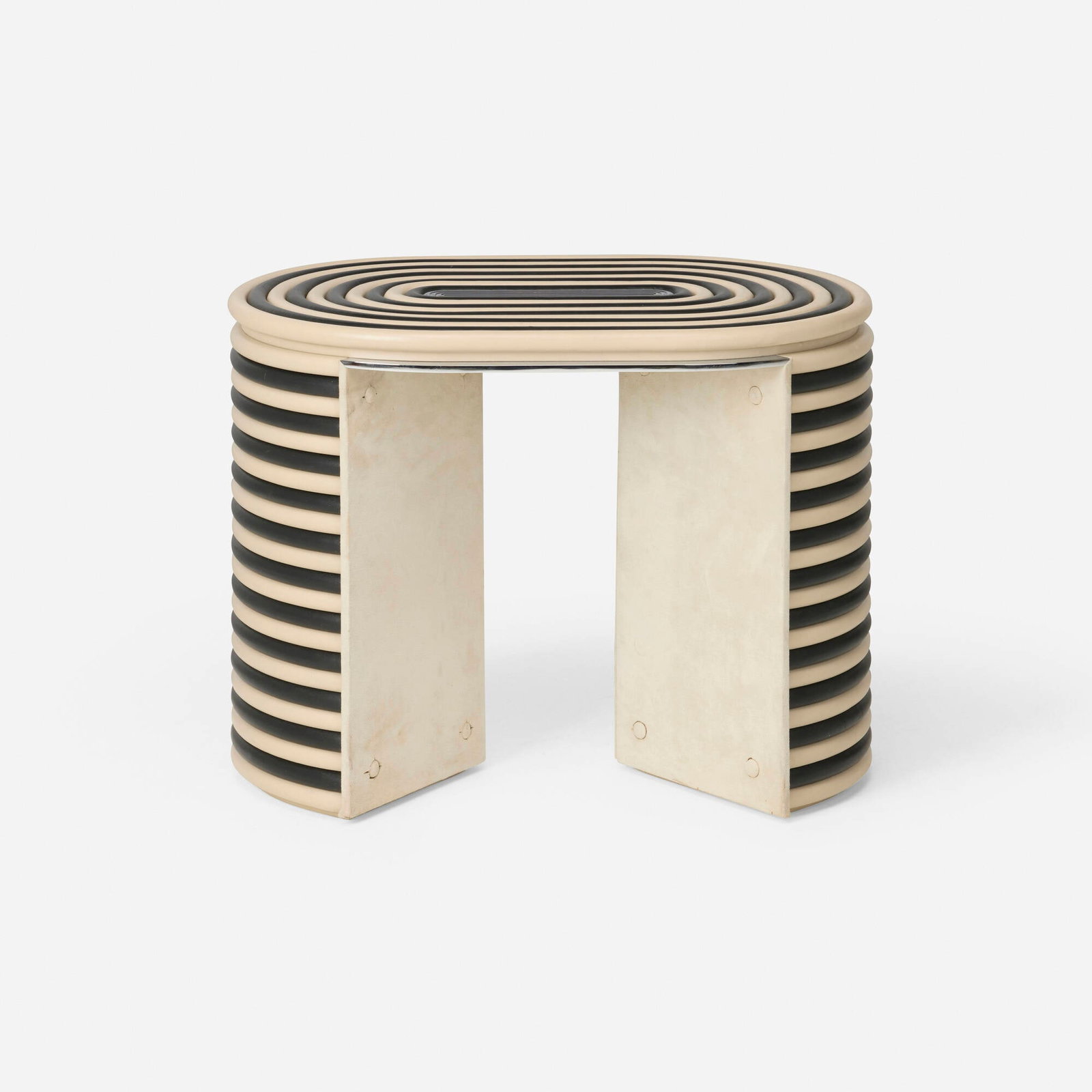 Mark Grattan, Stool: Mark Grattan Stool USA, 2021 leather, chrome-plated steel, felt 19 h x 24.75 w x 17 d in (48 x 63 x 43 cm) Provenance: Cristina Grajales Gallery, New York | Private Collection This work will