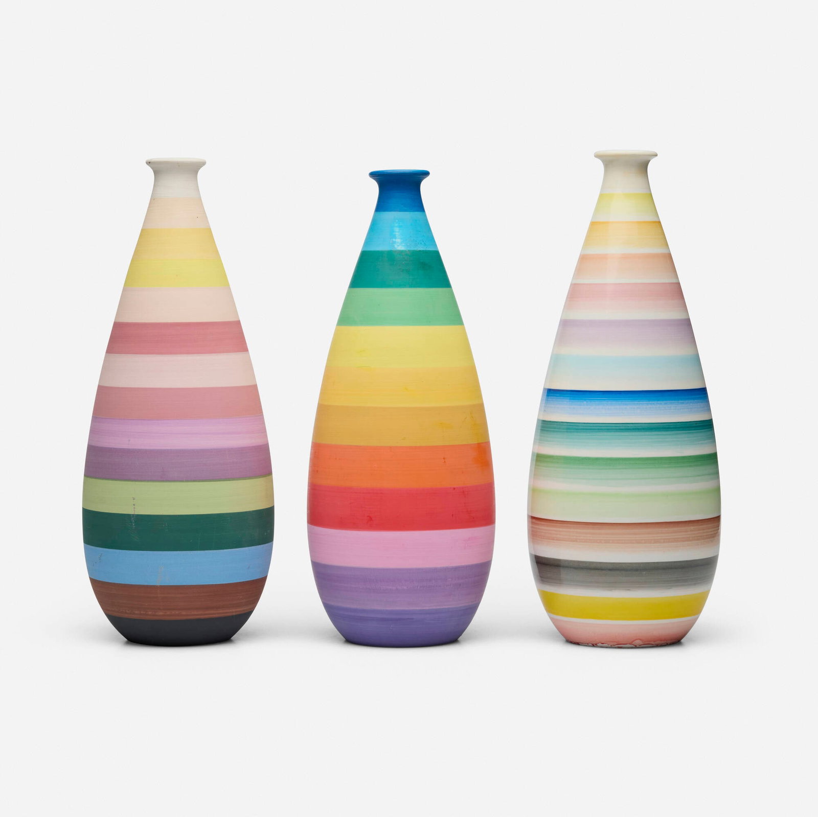 Aldo Londi, Vases, set of three: Aldo Londi Vases, set of three Bitossi Italy, c. 1965 glazed and painted porcelain 14 h x 5.5 dia in (36 x 14 cm) 13.875 h x 5.5 dia in (35 x 14 cm) 13.5 h x 5.5 dia in (34 x 14 cm) Impressed
