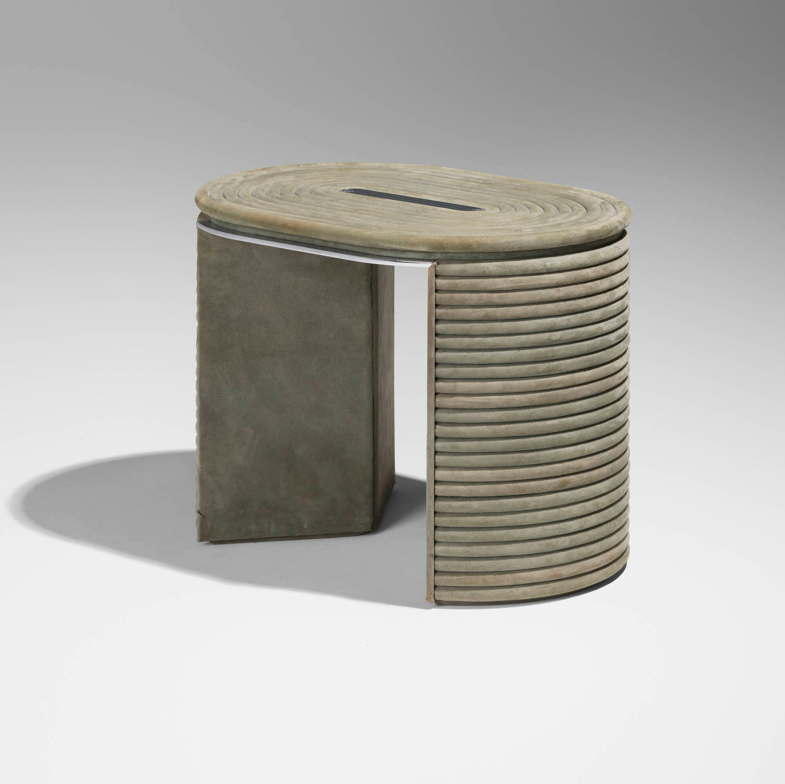 Mark Grattan, Stool: Mark Grattan Stool USA, 2021 suede, chrome-plated steel 19.25 h x 24.75 w x 17 d in (49 x 63 x 43 cm) Provenance: Cristina Grajales Gallery, New York | Private Collection This work will ship