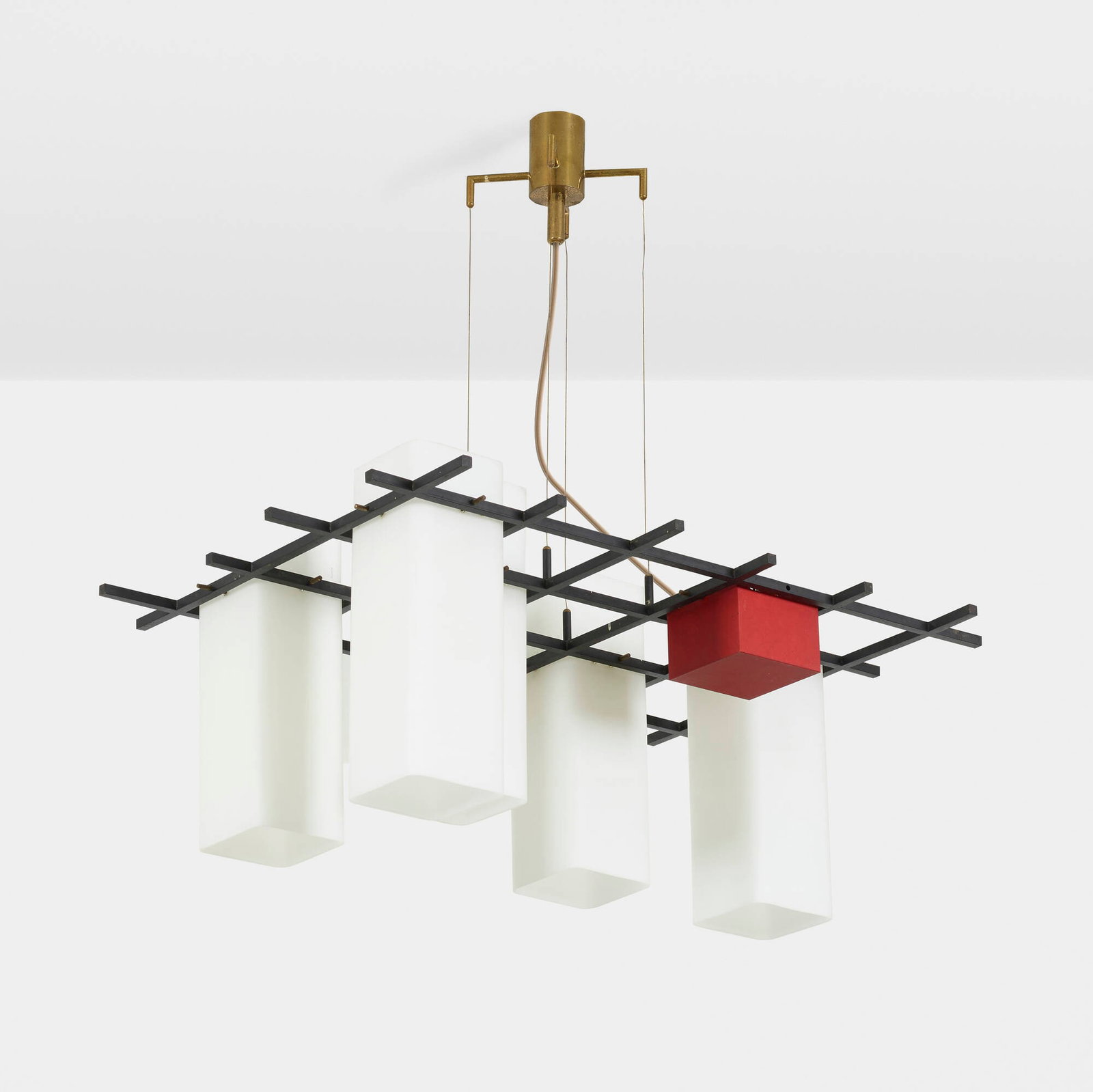 Angelo Lelii, Ceiling lamp: Angelo Lelii Ceiling lamp Arredoluce Italy, c. 1950 enameled brass, frosted glass, brass 32 h x 29.5 w x 19.5 d in (81 x 75 x 50 cm) The present example has been registered in the Arredoluce