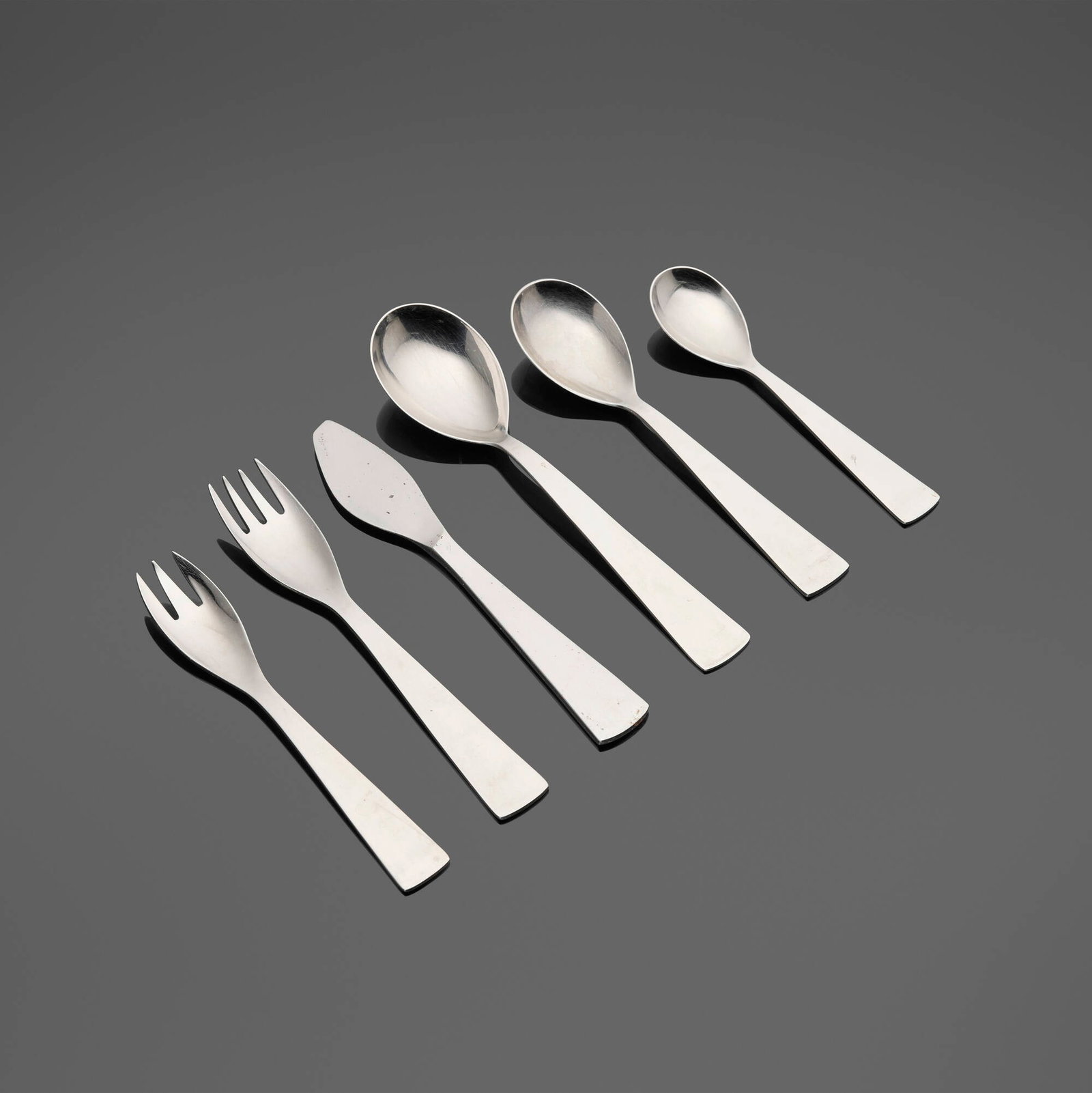 Gio Ponti, Flatware service: Gio Ponti Flatware service Krupp Italy, 1955 stainless steel Complete six-piece service for eight; fifty-one pieces total. Impressed manufacturer's mark to each element 'Arthur Krupp