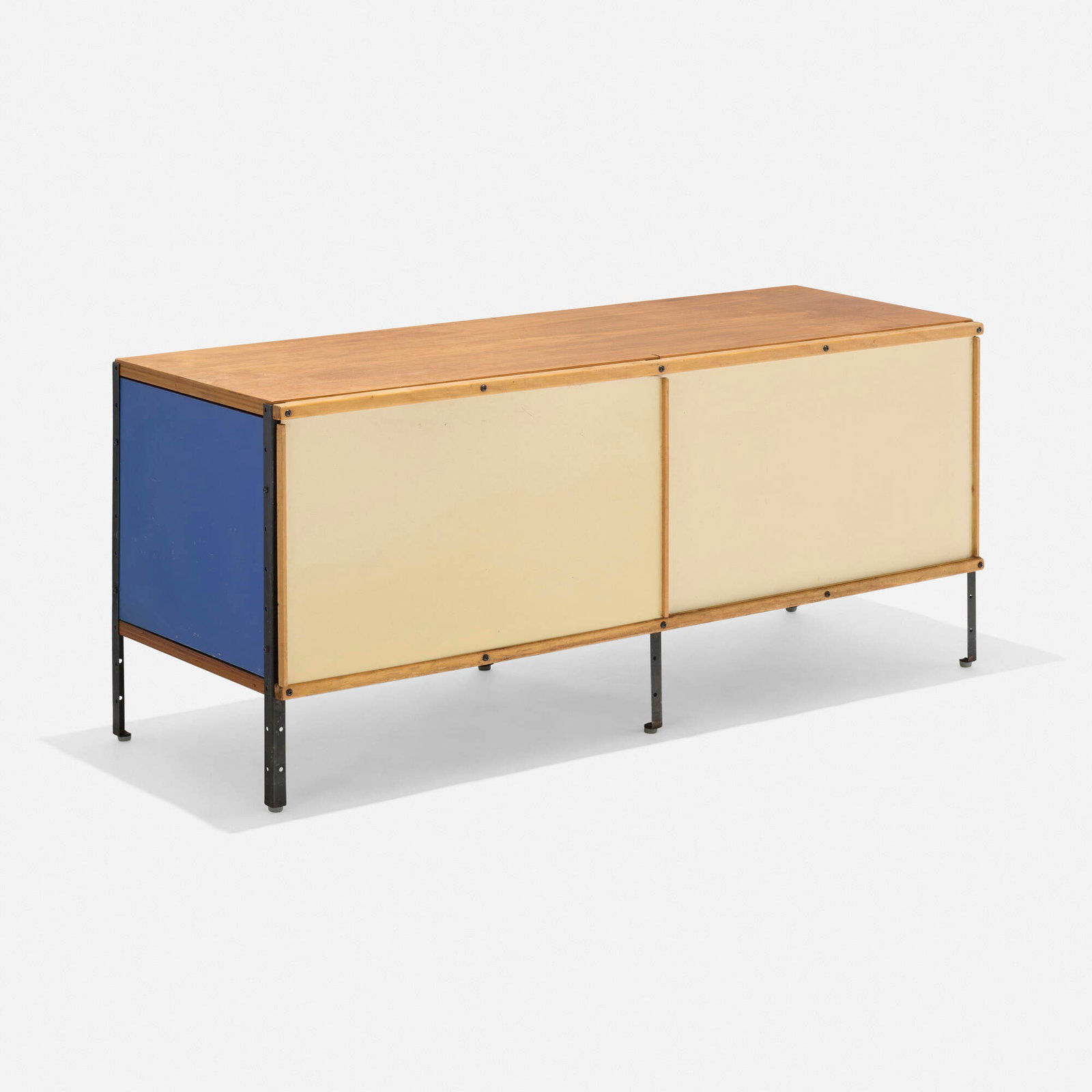 Charles and Ray Eames, Early ESU 100-C: Charles and Ray Eames Early ESU 100-C Herman Miller USA, 1950 birch plywood, lacquered Masonite, lacquered steel, fiberglass, birch 20.25 h x 47 w x 16.5 d in (51 x 119 x 42 cm) This early example