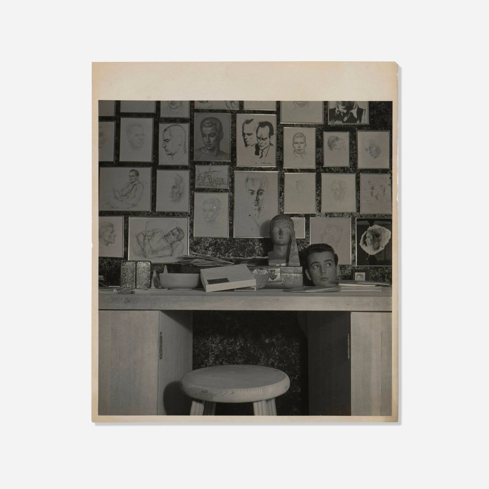 George Platt Lynes, The Artist's Desk at Sunset Plaza Place, West Hollywood, CA with Peter: George Platt Lynes The Artist's Desk at Sunset Plaza Place, West Hollywood, CA with Peter Harrison's Head 1947 gelatin silver print image: 8 h x 7.5 w in (20 x 19 cm) sheet: 9.375 h x 8 w in (24 x