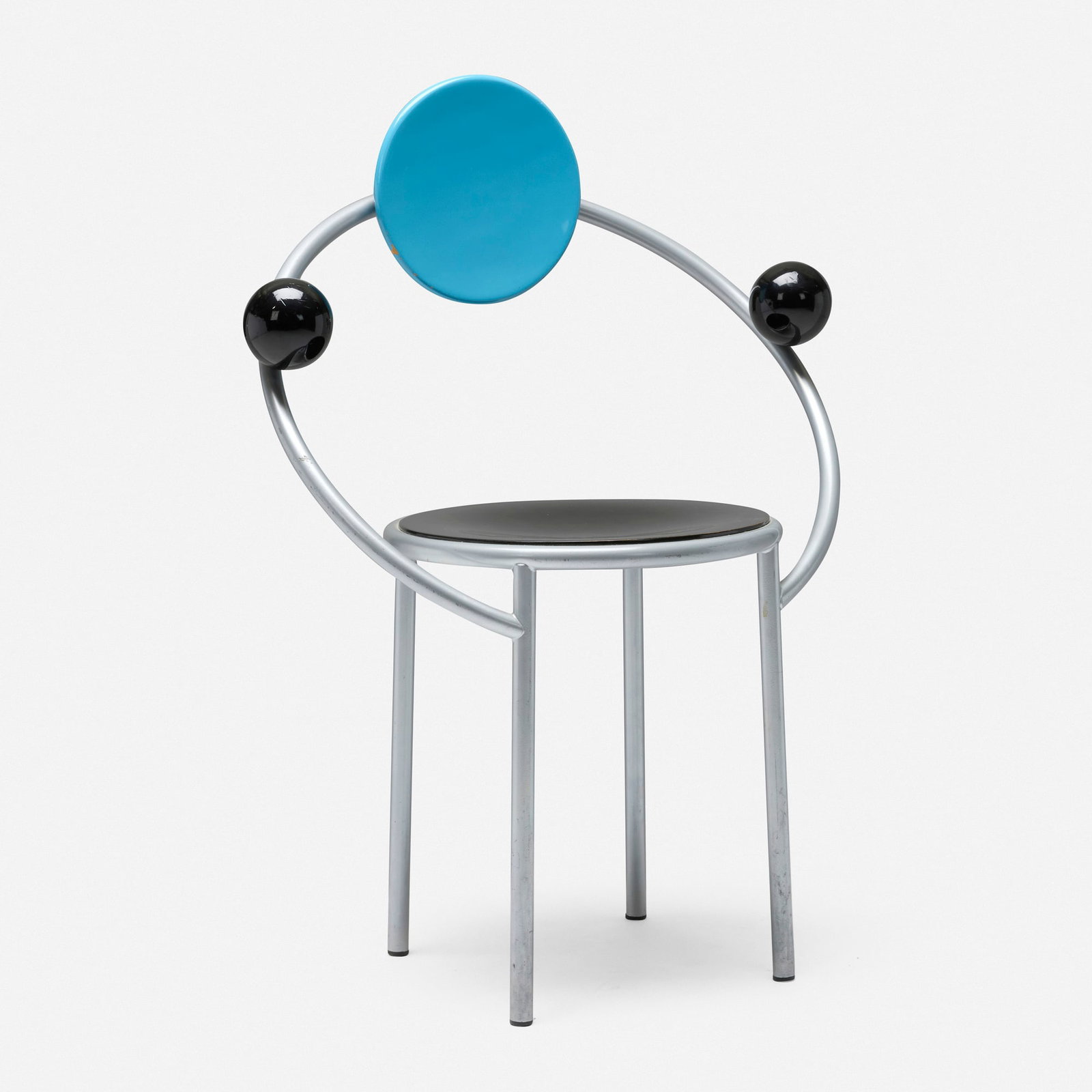 Michele De Lucchi, First Chair: Michele De Lucchi First Chair Memphis Italy, 1983 enameled steel, lacquered wood, rubber 35.5 h x 26 w x 16 d in (90 x 66 x 41 cm) De Lucchi's First Chair was the only Memphis design to be