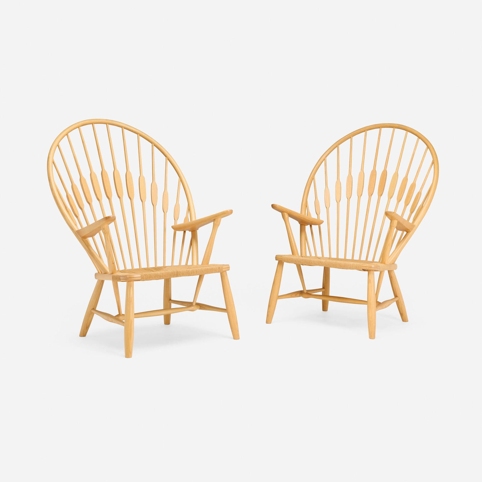 Hans J. Wegner, Peacock chairs, pair: Hans J. Wegner Peacock chairs, pair Johannes Hansen Denmark, 1947 / c. 1965 ash, jute 41.5 h x 30.25 w x 31 d in (105 x 77 x 79 cm) Branded manufacturer's mark to underside of each example