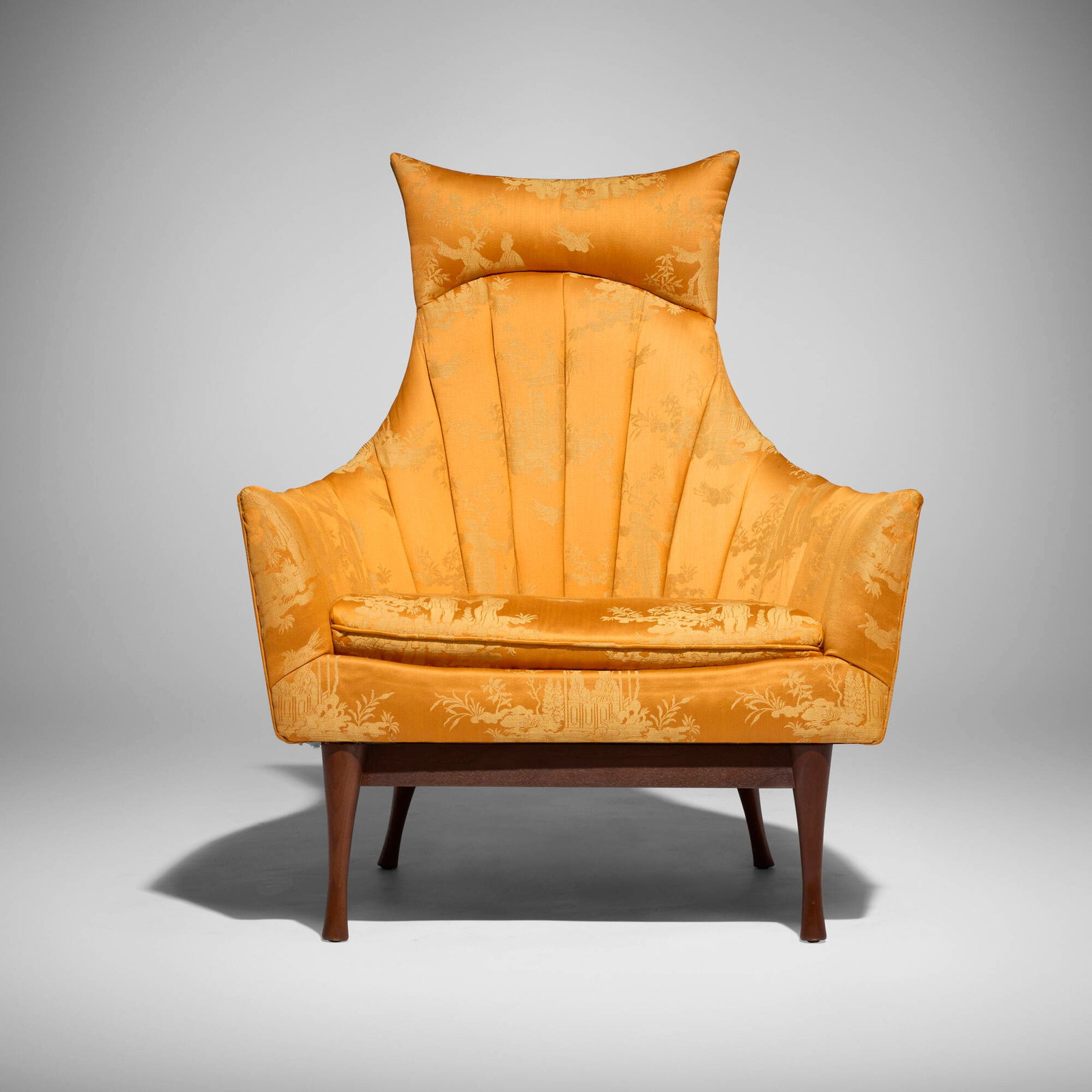 Paul McCobb, Lounge chair: Paul McCobb Lounge chair Widdicomb USA, c. 1965 silk upholstery, walnut 39.25 h x 30.5 w x 29.5 d in (100 x 77 x 75 cm) This work will ship from Chicago, Illinois.