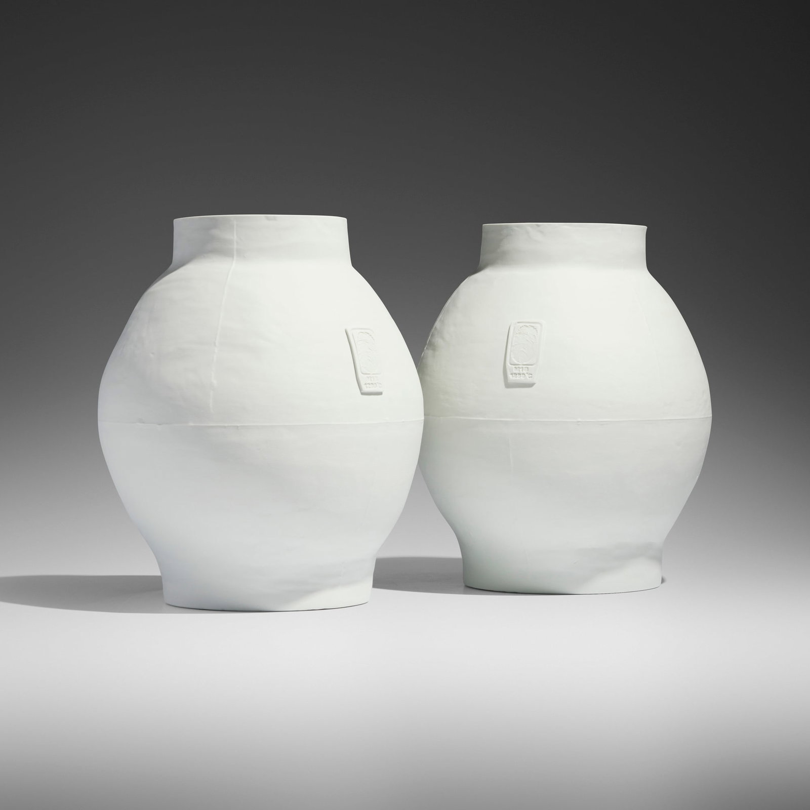 Hella Jongerius, Big White Pots, pair: Hella Jongerius Big White Pots, pair Royal Tichelaar Makkum The Netherlands, c. 1997 cast porcelain 13.25 h x 11 dia in (34 x 28 cm) Stamped signature to underside of each example 'Hella Jongerius f