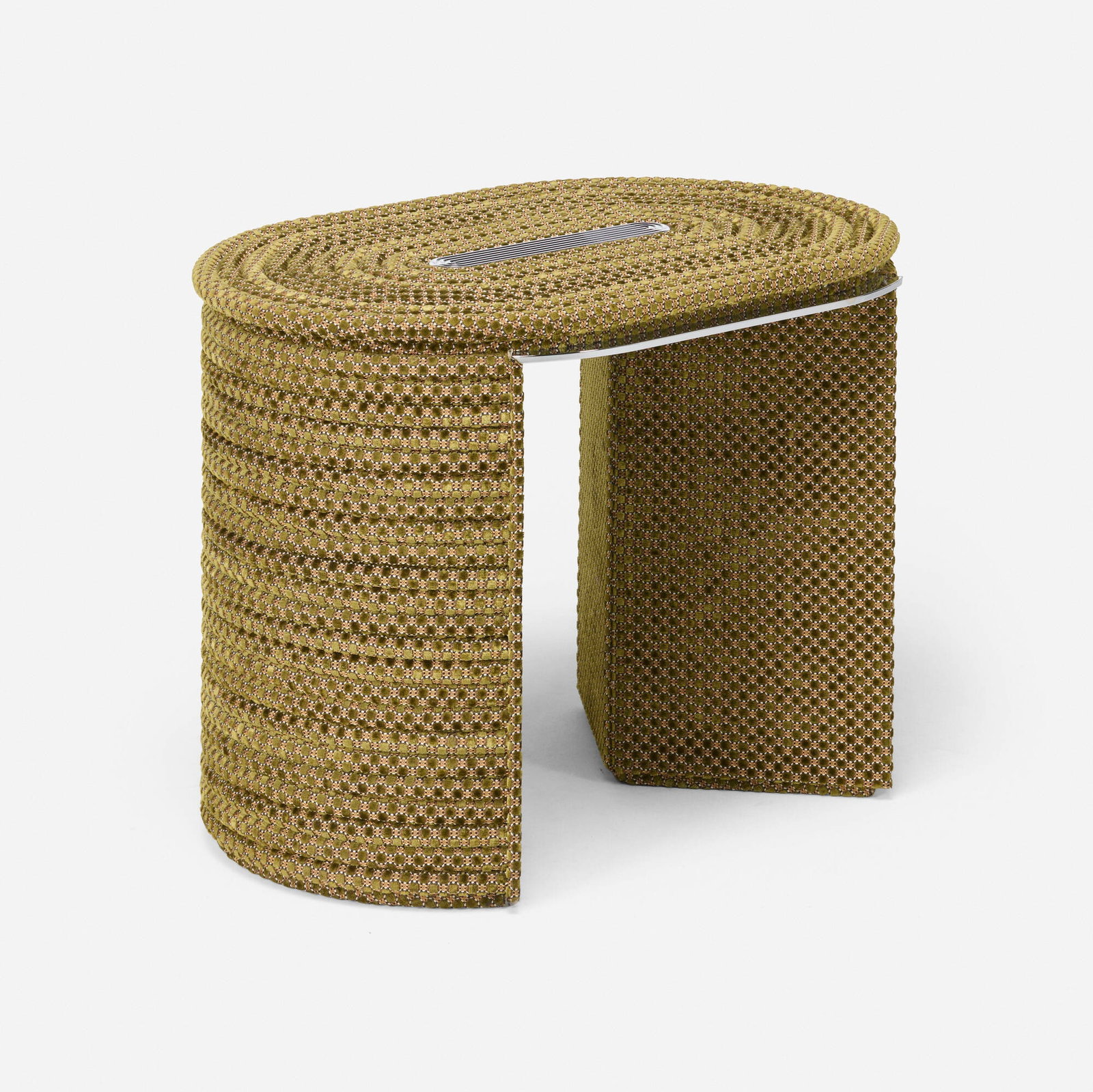 Mark Grattan, Green Upholstered stool: Mark Grattan Green Upholstered stool USA, 2021 upholstery, stainless steel 19.5 h x 25 w x 17.25 d in (50 x 63 x 44 cm) Provenance: Cristina Grajales Gallery, New York | Privat