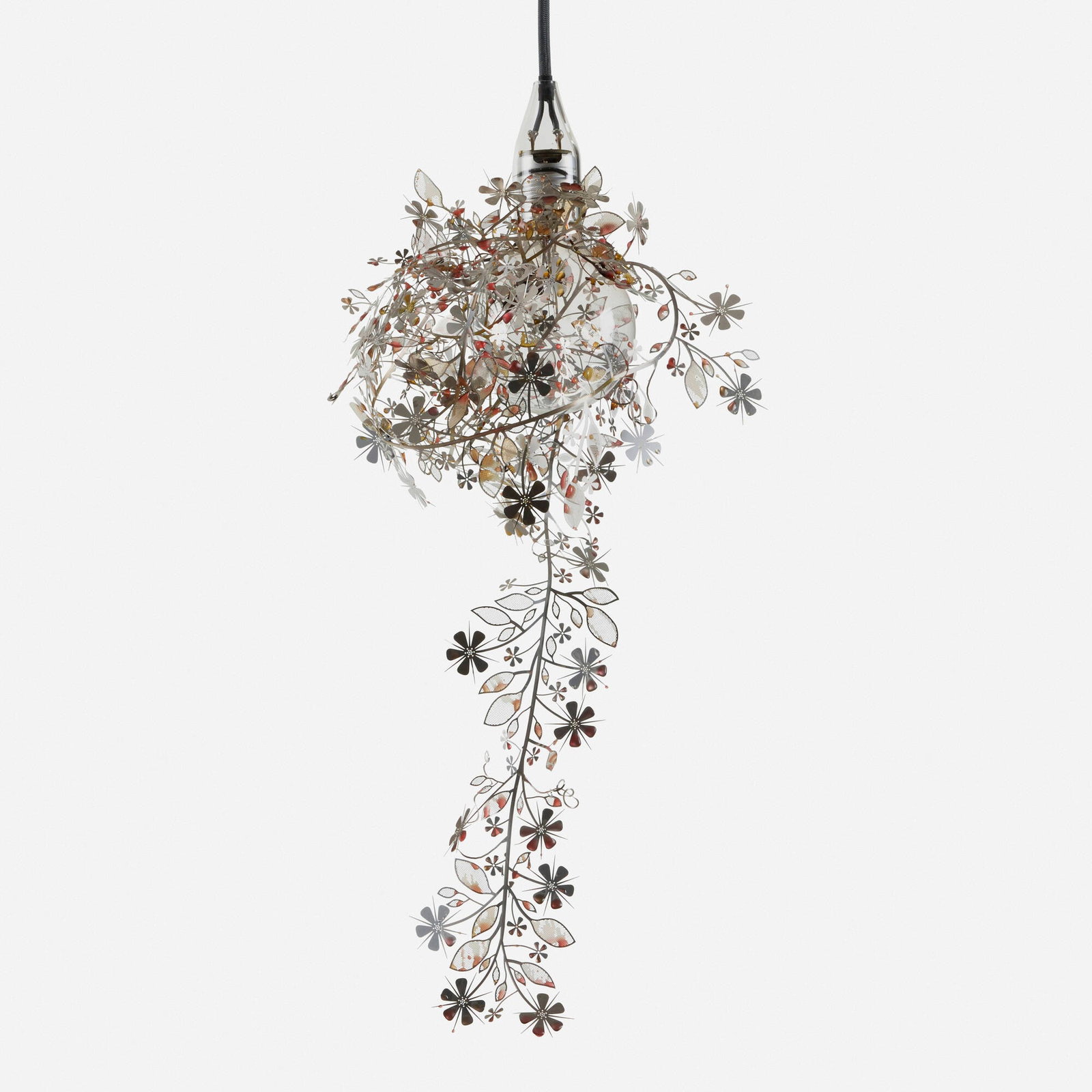 Tord Boontje, Wednesday light: Tord Boontje Wednesday light United Kingdom, 2003 etched and enameled metal, fabric over wire, glass bulb 8 h x 10 w x 6 d in (20 x 25 x 15 cm) Light features rare red enamel. Pr