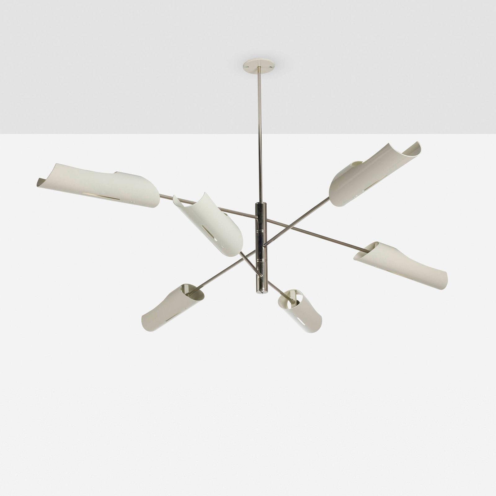 David Weeks, Torroja chandelier, model 429: David Weeks Torroja chandelier, model 429 David Weeks Studio LLC USA, c. 2009 chrome-plated steel, enameled aluminum 36.75 h x 80.5 w x 74 d in (93 x 204 x 188 cm) Decal manufacturer'