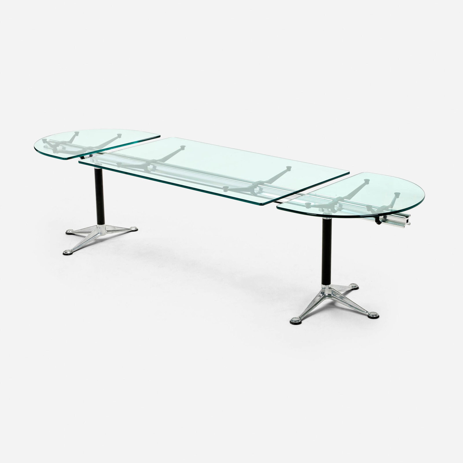 Bruce Burdick, Burdick Group System table: Bruce Burdick Burdick Group System table Herman Miller USA, 1980 / c. 1990 glass, aluminum, enameled steel, enameled aluminum 28 h x 120 w x 36 d in (71 x 305 x 91 cm) In 1980, Burdick Gro