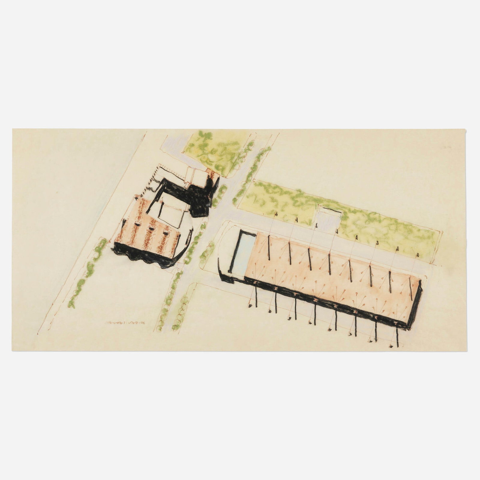Arata Isozaki, KitaKyushu International Conference Center aerial perspective drawing: Arata Isozaki KitaKyushu International Conference Center aerial perspective drawing 1988 ink on tissue paper 18 h x 36.625 w in (46 x 93 cm) Signed to lower left 'Arata Isozaki'. Provenance: Acquired