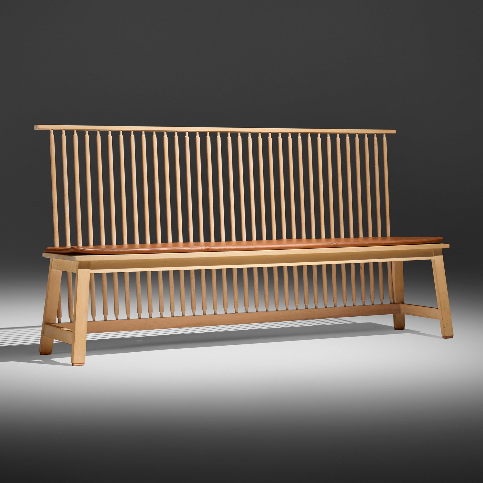Studioilse, Bench With Back: Studioilse Bench With Back De la Espada USA, c. 2021 ash, leather upholstery, copper 37.75 h x 70.75 w x 19 d in (96 x 180 x 48 cm) Metal disc manufacturer's labels to underside