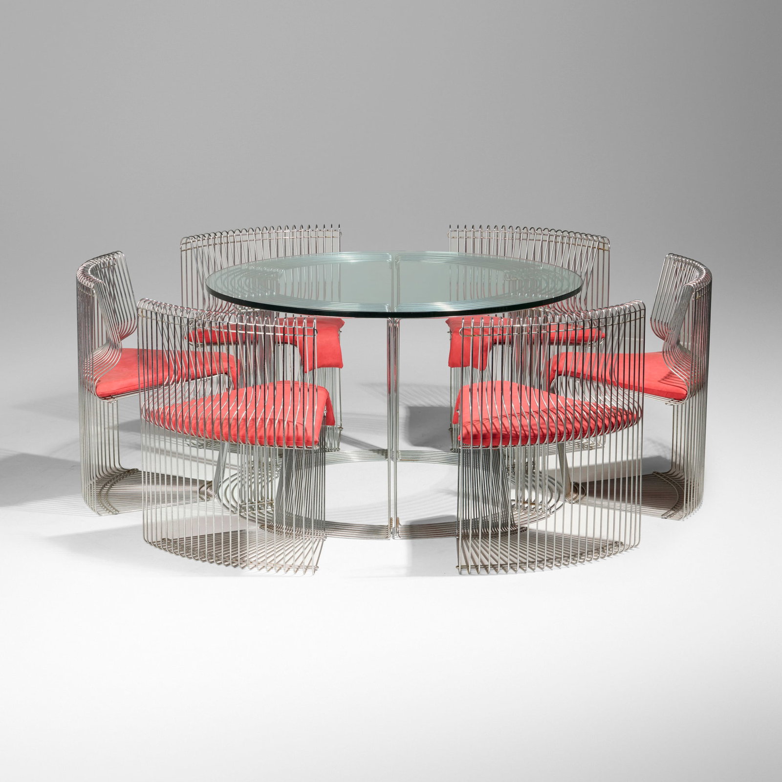 Verner Panton, Pantonova dining set: Verner Panton Pantonova dining set Fritz Hansen Denmark, 1971 chrome-plated steel, glass, upholstery table: 28 h x 48 dia in (71 x 122 cm) chair: 30 h x 25.5 w x 21.75 d in (76 x 65 x 55 cm)