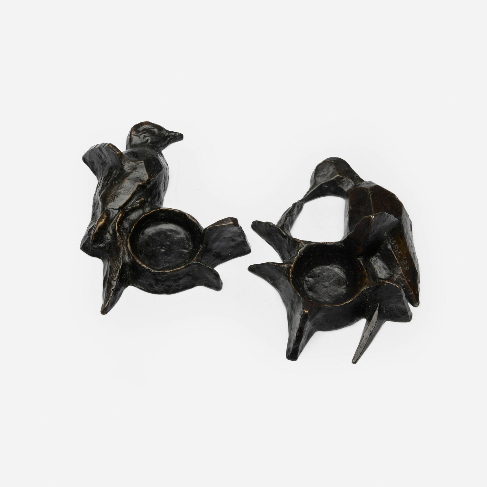 Gene Summers, Bird candle holders, pair: Gene Summers Bird candle holders, pair USA, 1988 patinated bronze 2.25 h x 5.5 w x 7.625 d in (6 x 14 x 19 cm) 1.75 h x 5.25 w x 7 d in (4 x 13 x 18 cm) Molded signature and date to wing on
