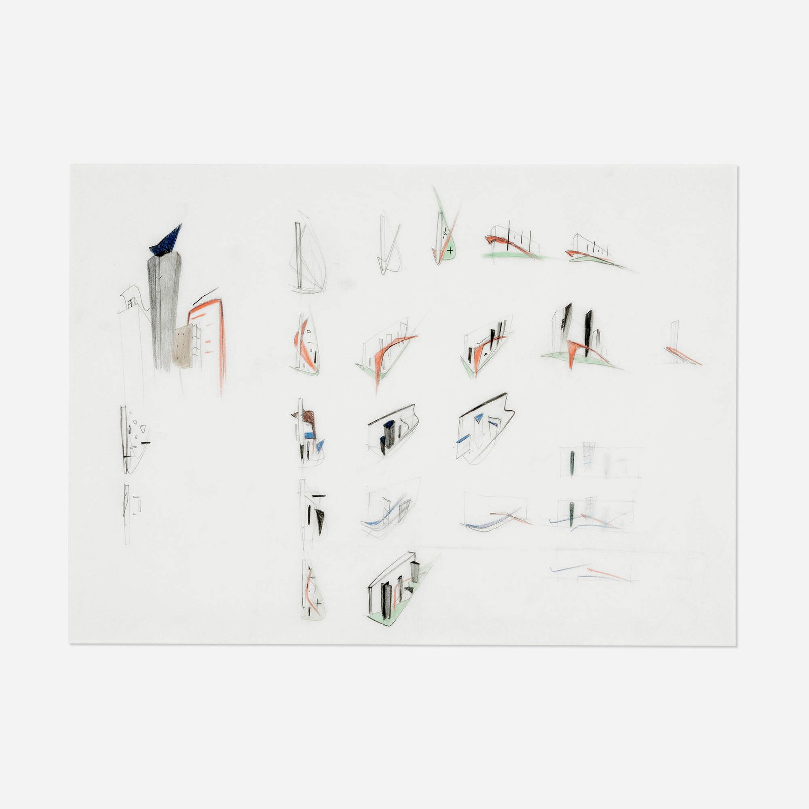 Zaha Hadid Architects, Grand Buildings, Trafalgar Square study drawings: Zaha Hadid Architects Grand Buildings, Trafalgar Square study drawings 1986 colored pencil and pencil on tracing paper 16.5 h x 23.5 w in (42 x 60 cm) This study drawing for the Trafalgar Square