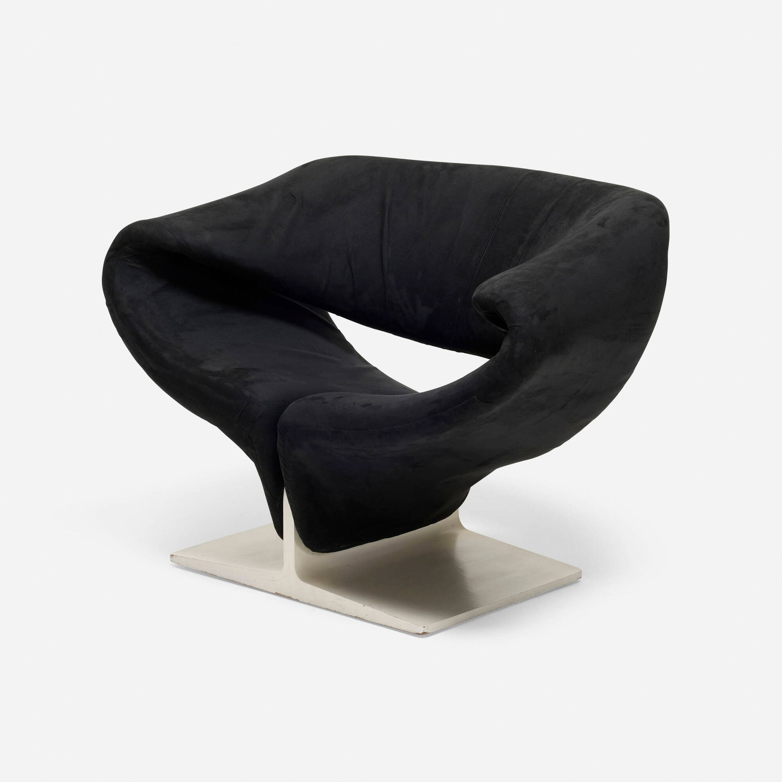 Pierre Paulin, Ribbon chair: Pierre Paulin Ribbon chair Artifort France / The Netherlands, 1965 suede upholstery, lacquered wood 27.5 h x 40 w x 30 d in (70 x 102 x 76 cm) Sold with a miniature Pierre Paulin Ribbon chair
