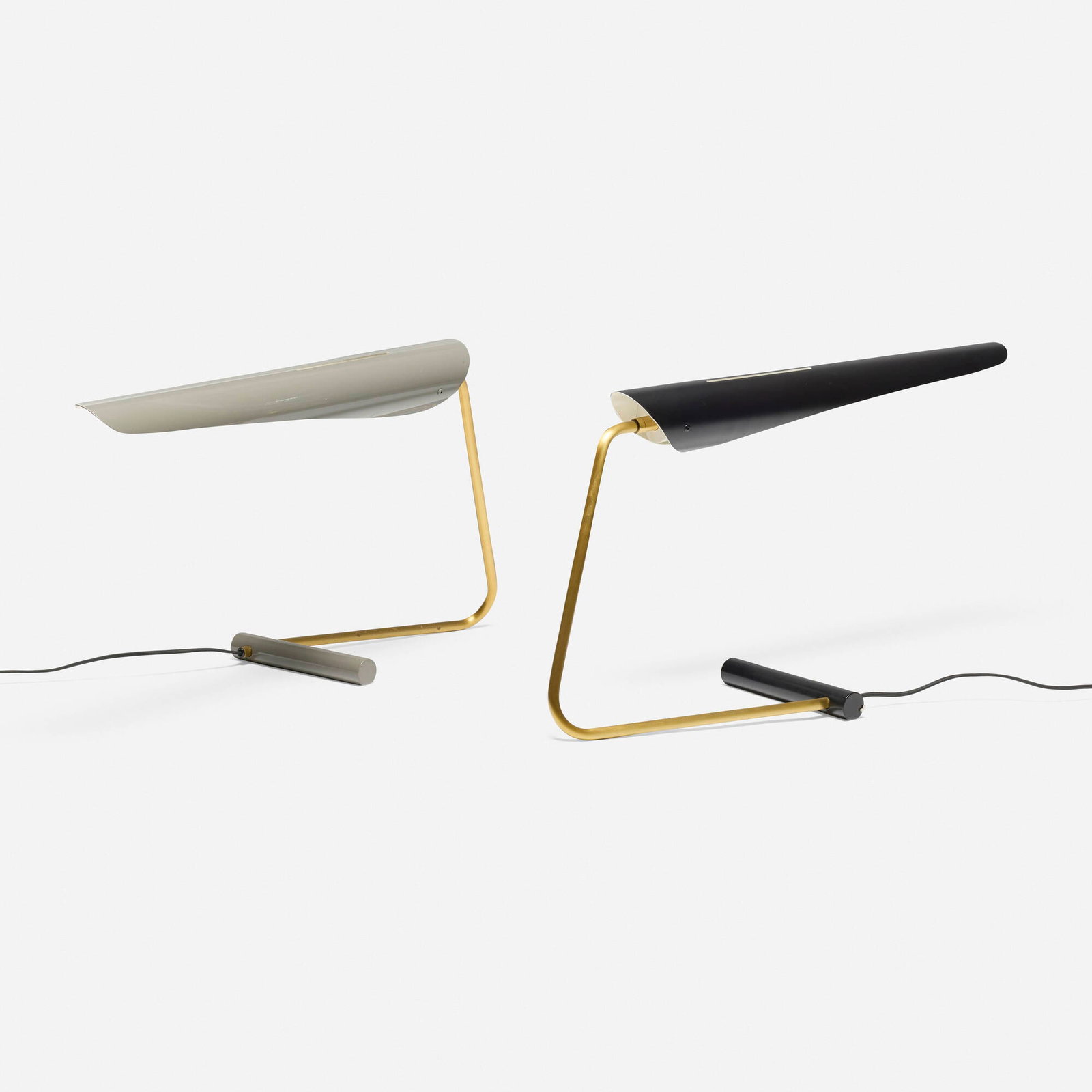David Weeks, Sarus table lamps model 113, pair: David Weeks Sarus table lamps model 113, pair David Weeks Studio LLC USA, 2021 powder-coated aluminum, brass 14 h x 30 w x 8 d in (36 x 76 x 20 cm) Decal manufacturer's label to shade interior