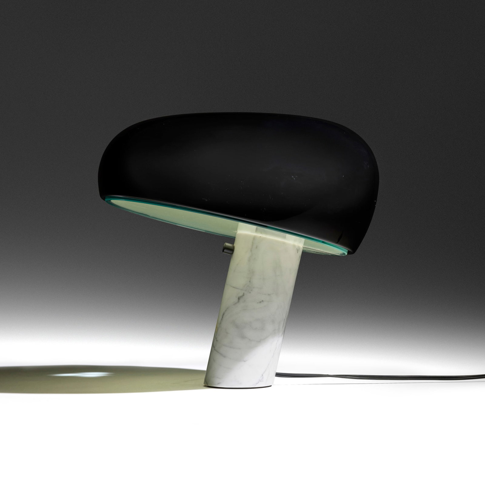 Achille & Pier Giacomo Castiglioni, Snoopy lamp: Achille & Pier Giacomo Castiglioni Snoopy lamp Flos Italy, 1967 marble, enameled aluminum, glass 16.5 h x 14 dia in (42 x 36 cm) Molded manufacturer's mark to underside 'Flos Snoopy Design