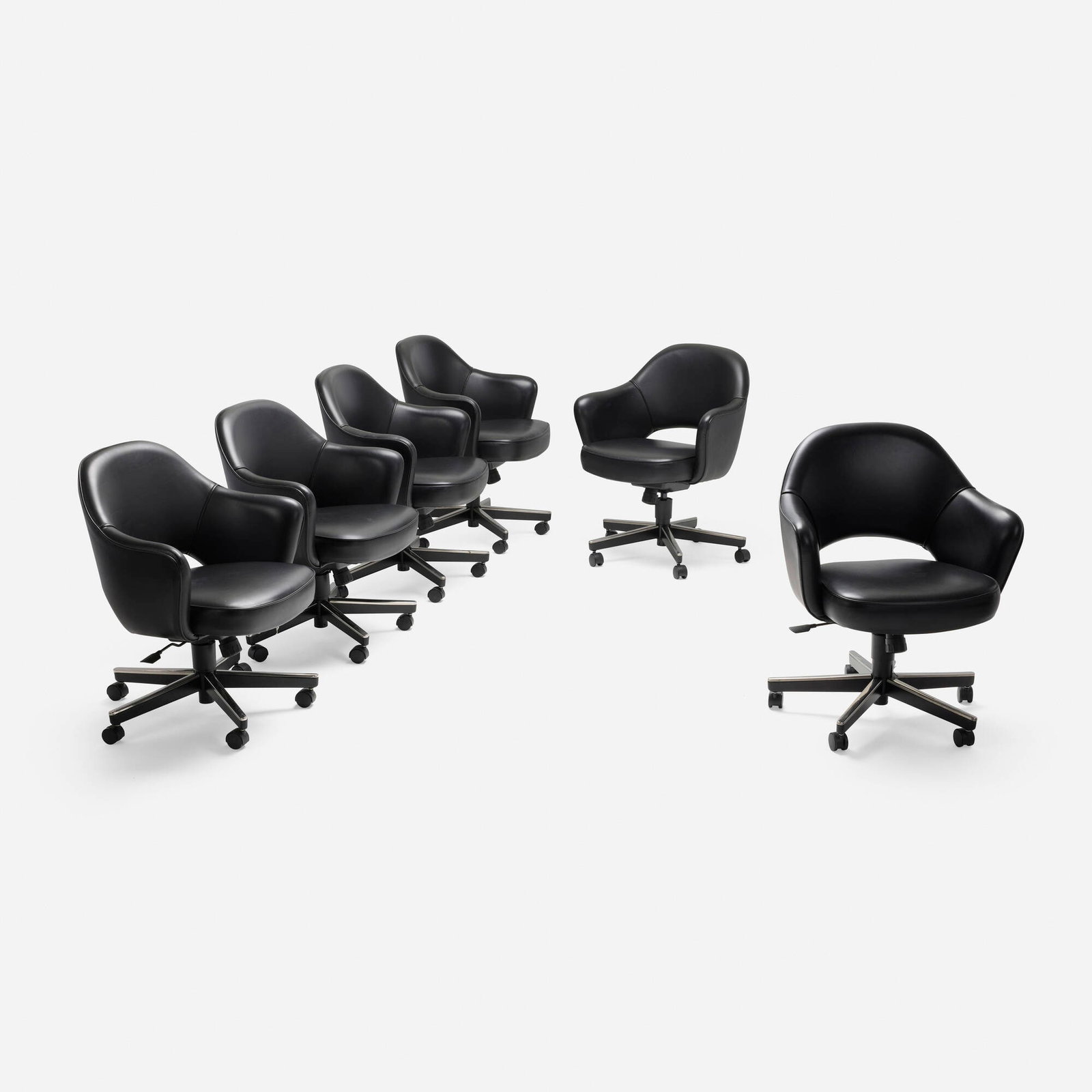 Eero Saarinen, Executive Swivel armchairs, set of six: Eero Saarinen Executive Swivel armchairs, set of six KnollStudio USA, 1950 / 2012-14 leather, chrome-plated steel, enameled steel 31.5 h x 27 w x 26 d in (80 x 69 x 66 cm) Paper manufactur