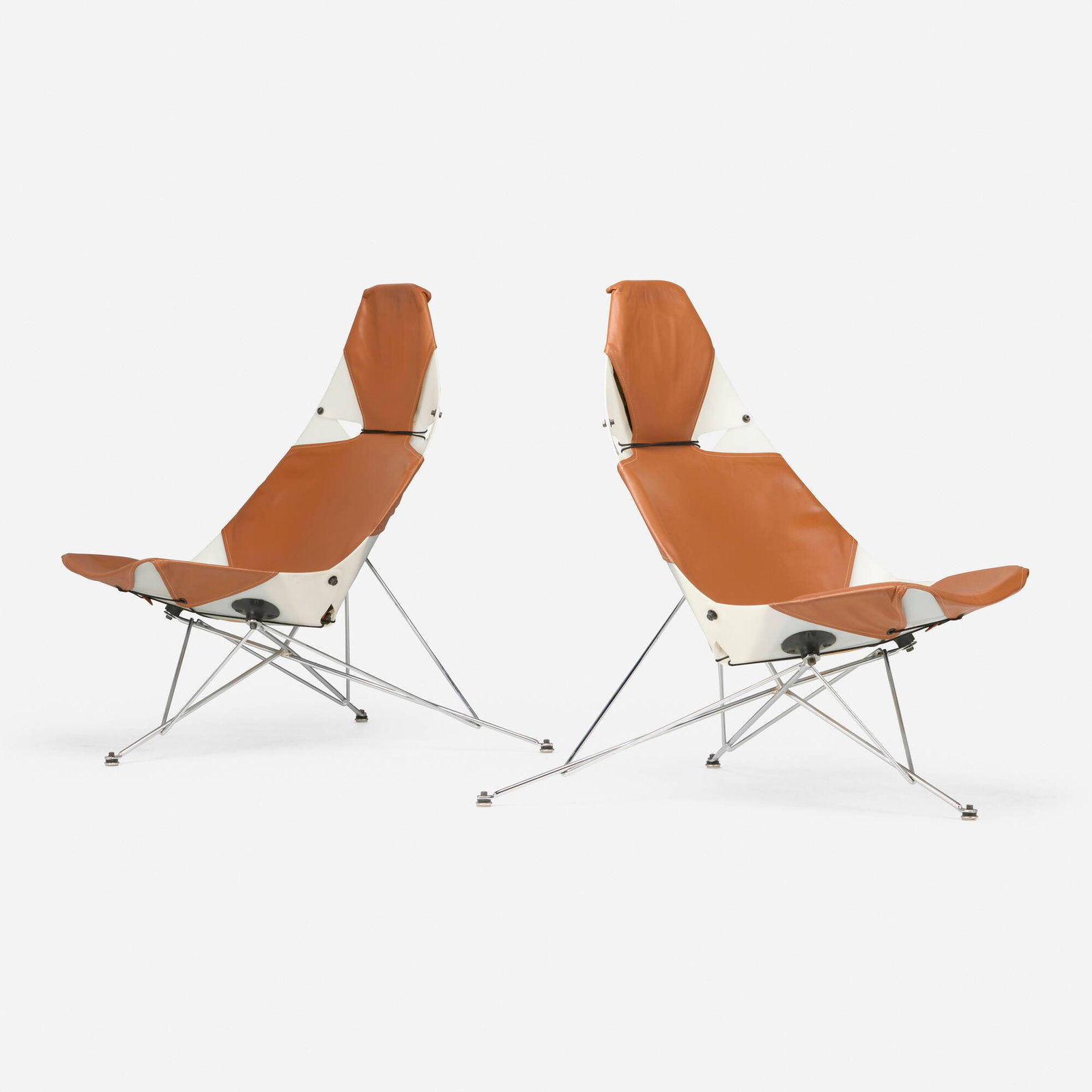 Wendell Lovett, Bikini chairs, pair: Wendell Lovett Bikini chairs, pair USA, c. 1954 / c. 1985 vulcanized plastic, leather over foam, chrome-plated steel, rubber 37.25 h x 29.5 w x 34.25 d in (95 x 75 x 87 cm) Artist-signed and numbered