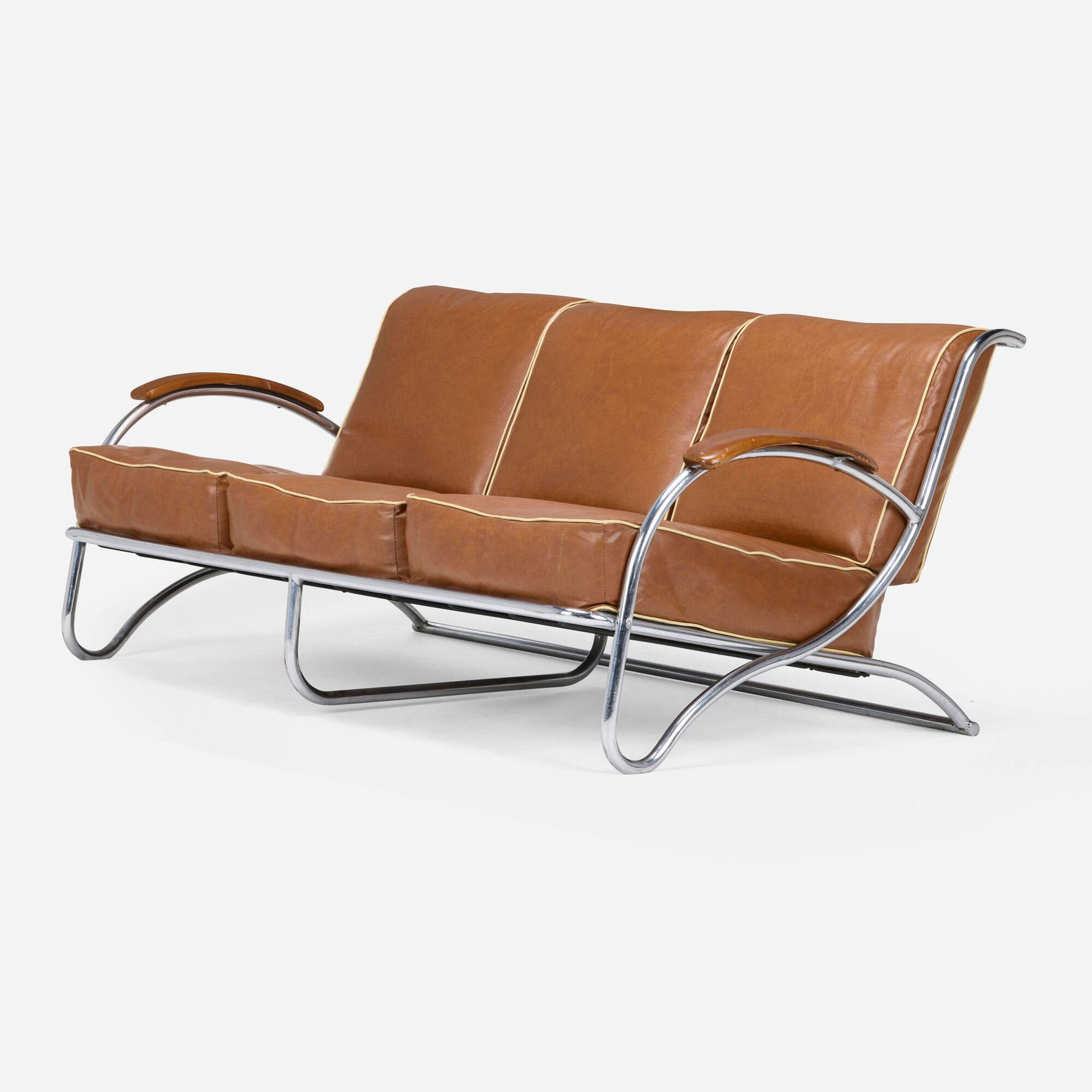 Kem Weber, Sofa, model SD-17-C: Kem Weber Sofa, model SD-17-C Lloyd Manufacturing Company USA, c. 1935 chrome-plated tubular steel, vinyl upholstery, walnut 28 h x 65 w x 36 d in (71 x 165 x 91 cm) Provenance: