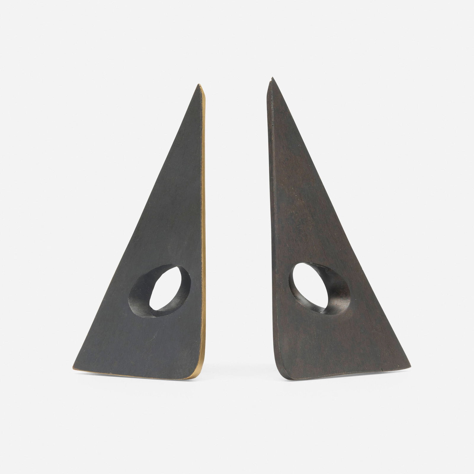 Carl Aubock II, Bookends model 4100, pair: Carl Aubock II Bookends model 4100, pair Werkstatte Carl Aubock Austria, 1947/c. 2000 patinated brass 6 h x 4.25 w x 2.625 d in (15 x 11 x 7 cm) 5.875 h x 4.25 w x 2.625 d in (15 x 11 x 7 cm)