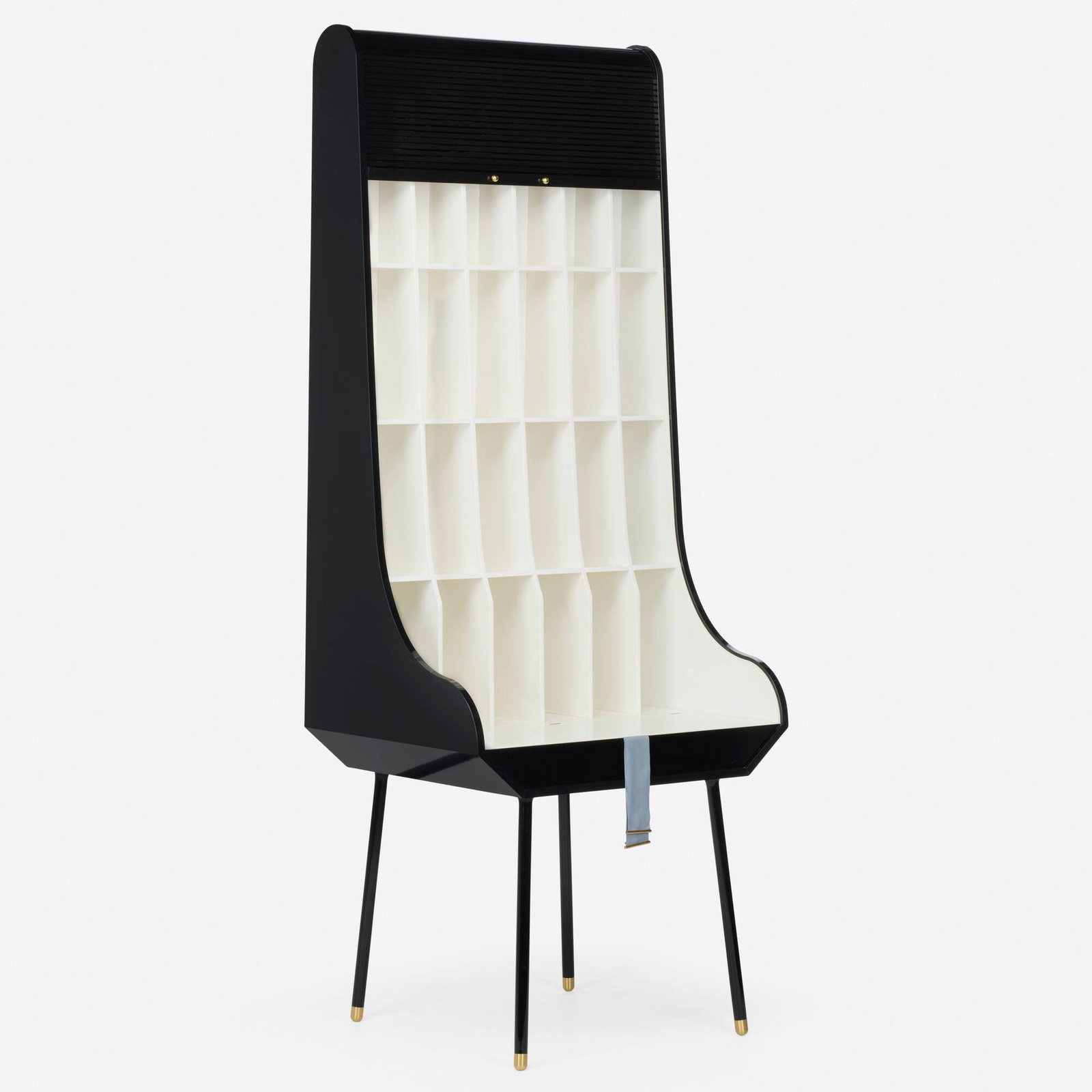 Nika Zupanc, Secretaria desk: Nika Zupanc Secretaria desk Rossana Orlandi Slovenia, 2013 lacquered wood, aluminum, brass 98 h x 39 w x 32.5 d in (249 x 99 x 83 cm) Desk features a roll-top concealing divided storage over a